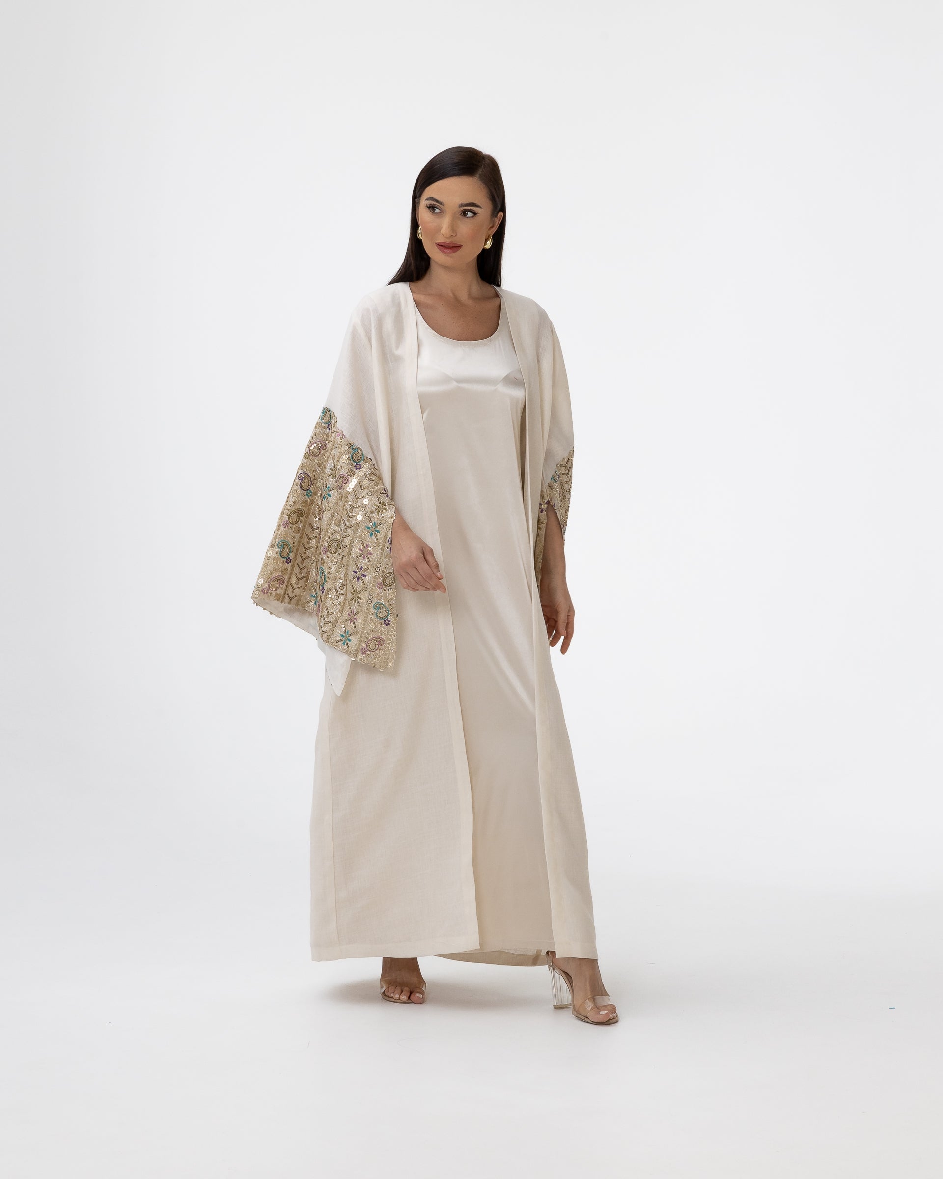 Ivory Abaya with Embroidered Sequin Sleeves