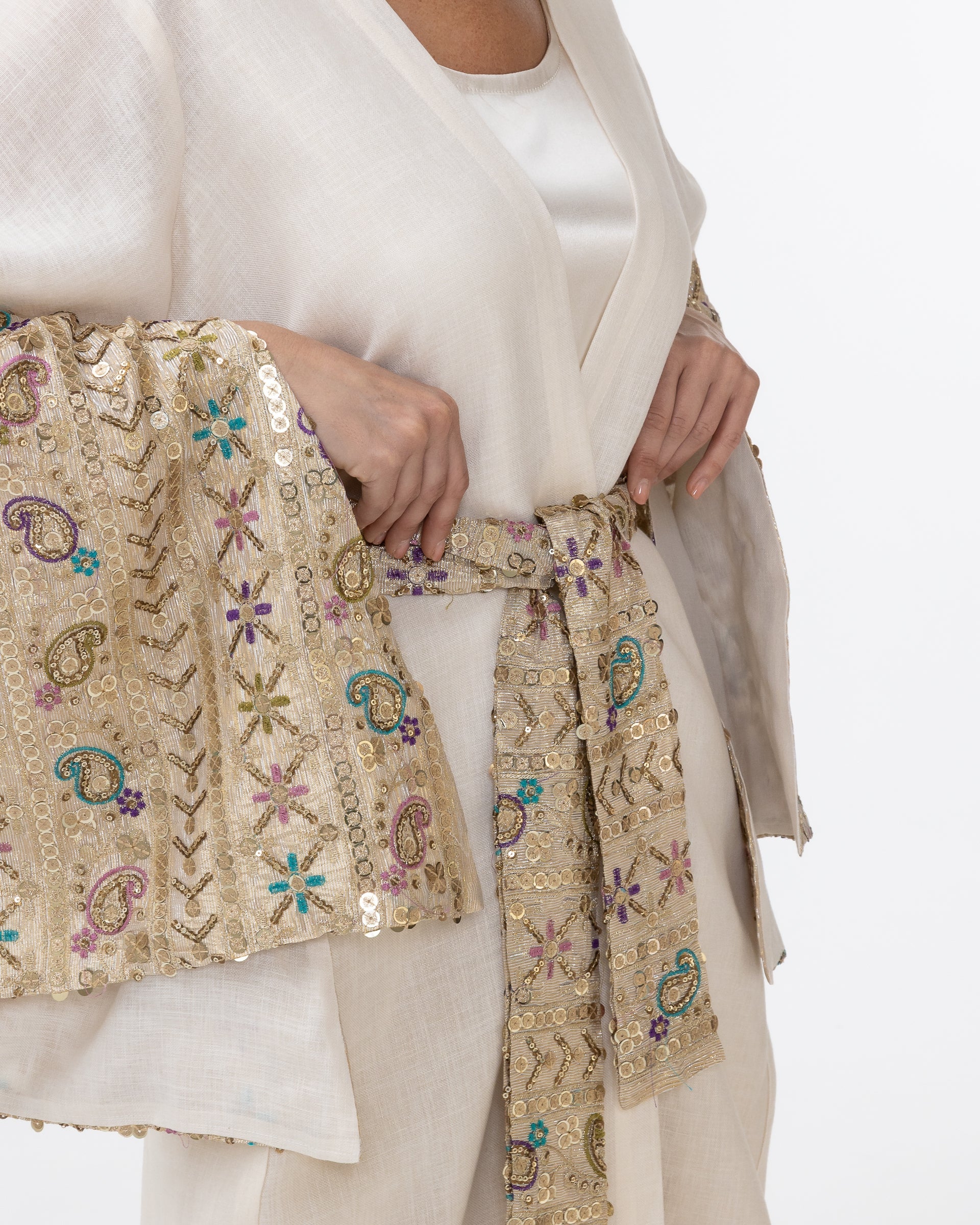 Ivory Abaya with Embroidered Sequin Sleeves