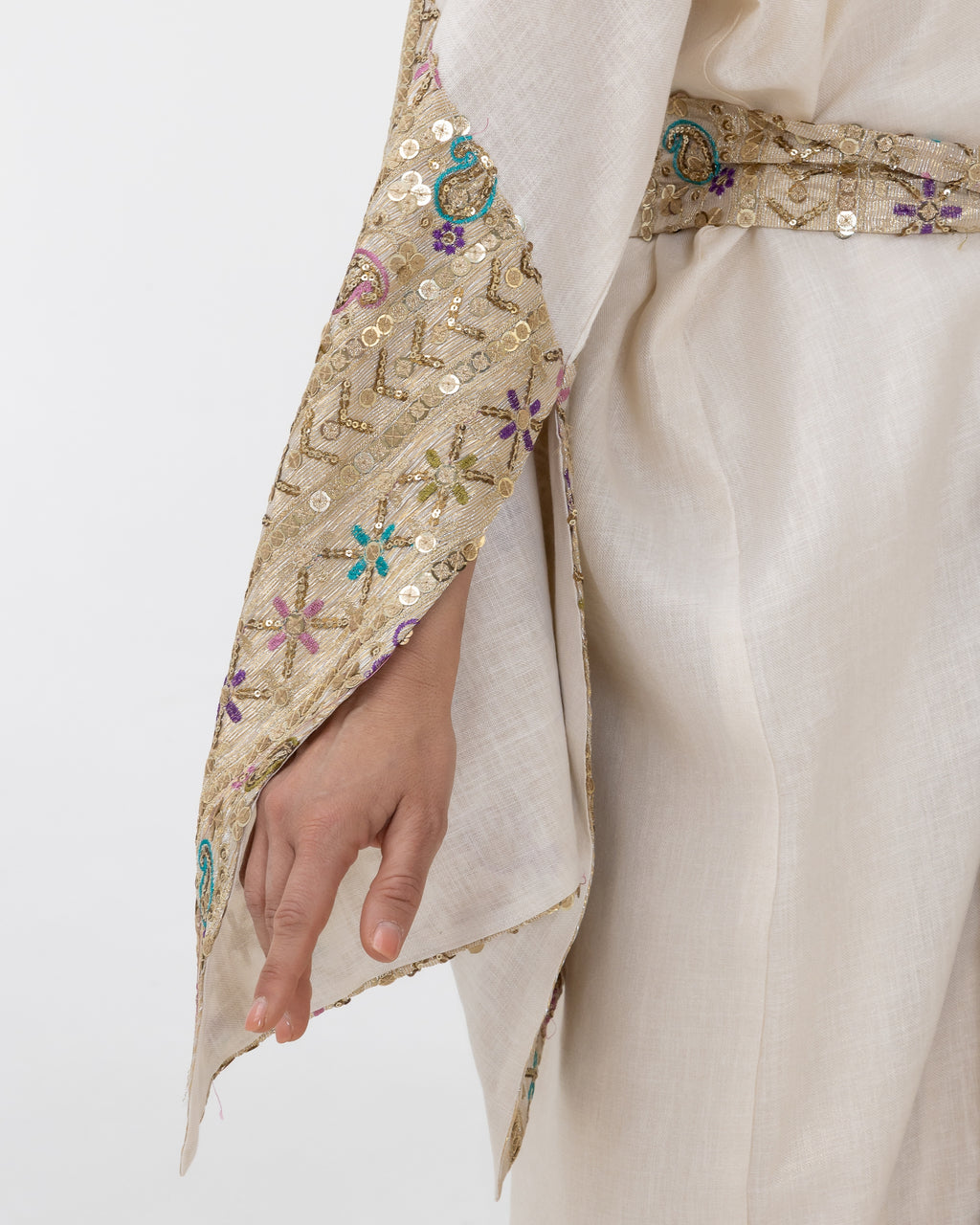 Ivory Abaya with Embroidered Sequin Sleeves