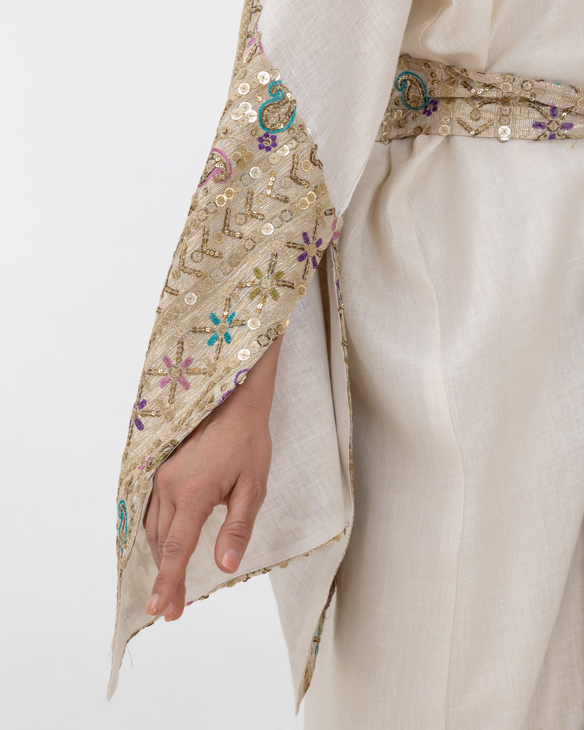 Ivory Abaya with Embroidered Sequin Sleeves