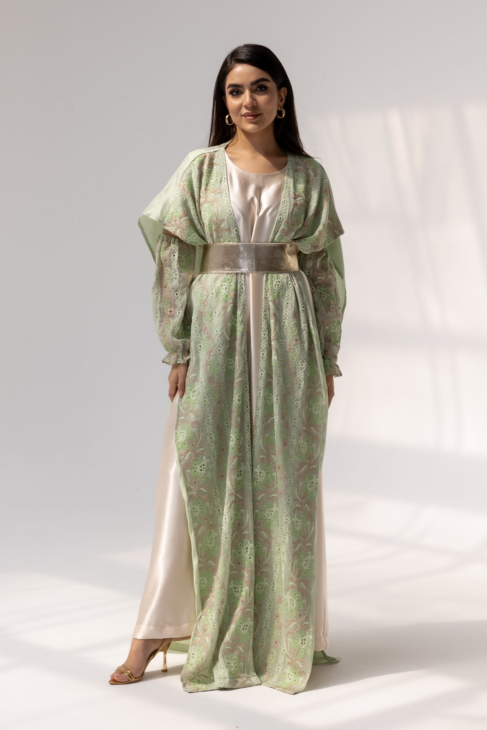 Mint Embroidered Open Abaya