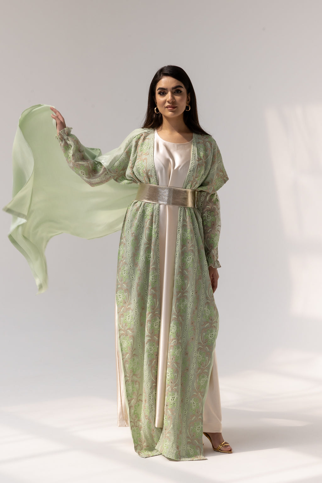 Mint Embroidered Open Abaya
