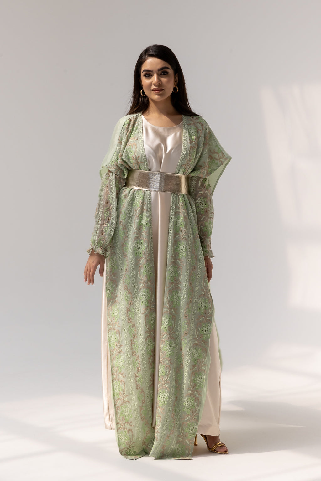 Mint Embroidered Open Abaya