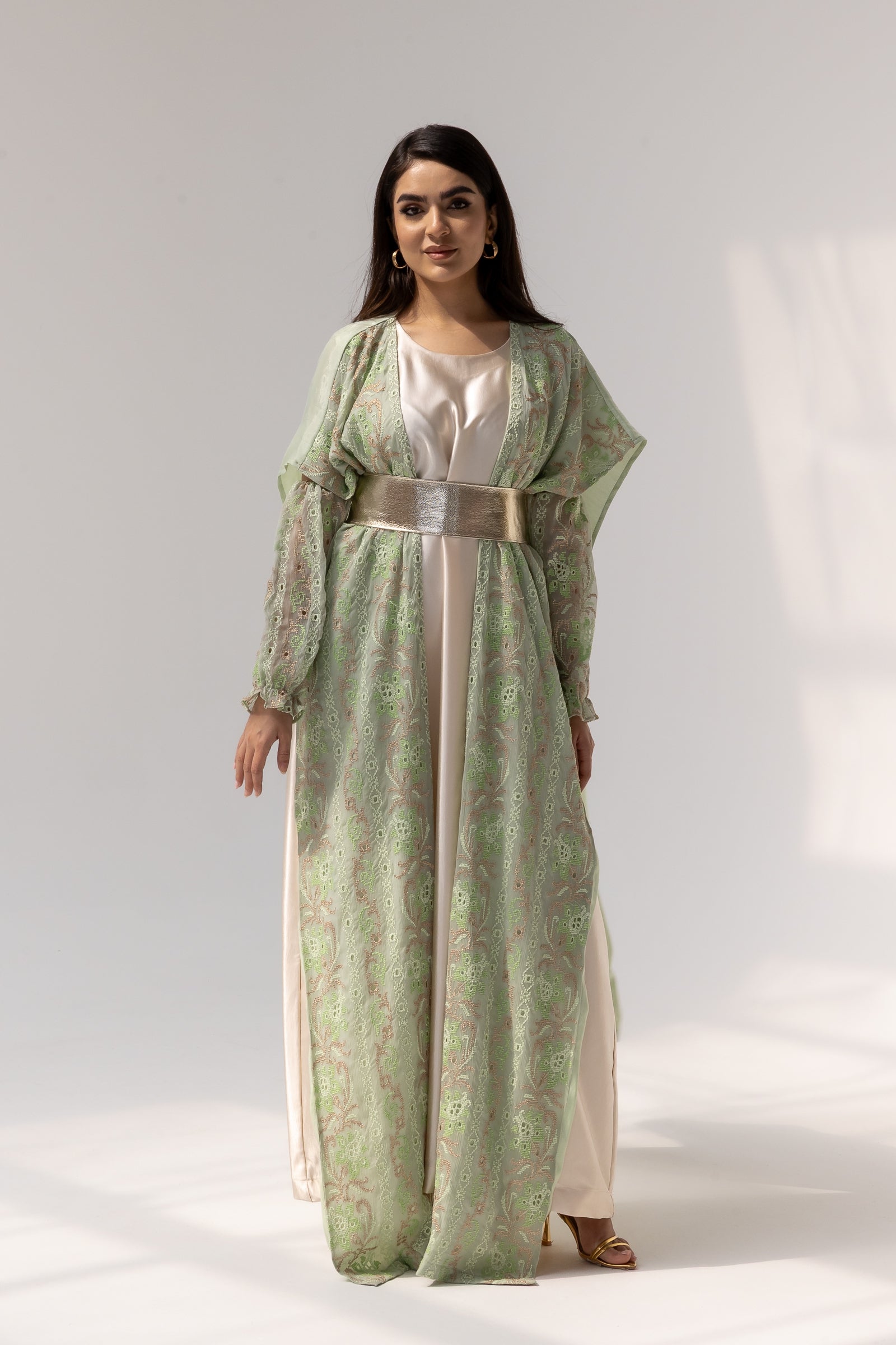 Mint Embroidered Open Abaya