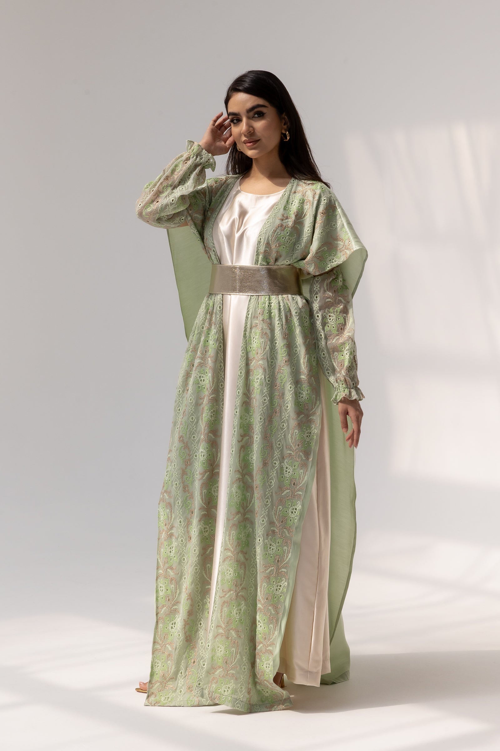 Mint Embroidered Open Abaya