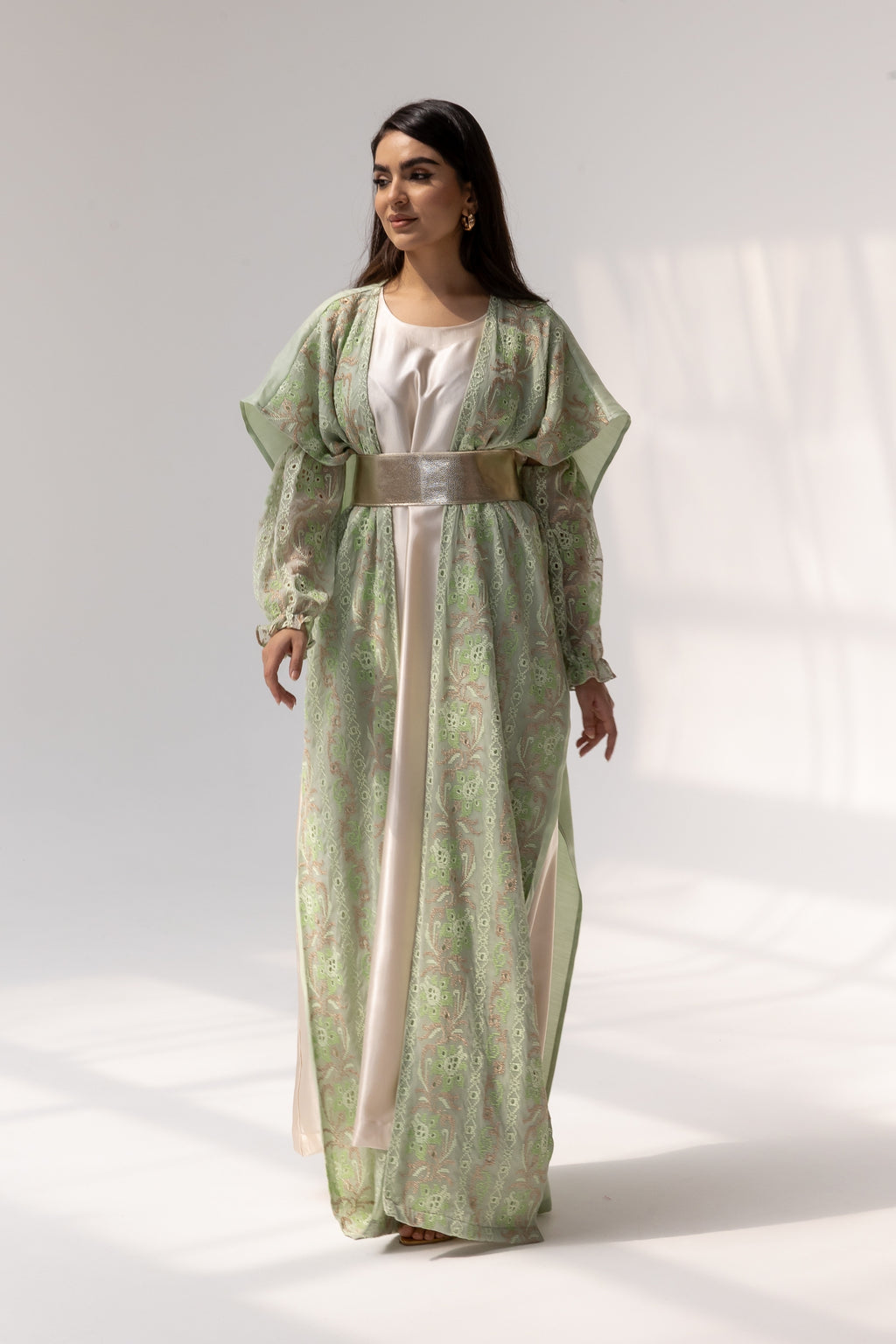 Mint Embroidered Open Abaya