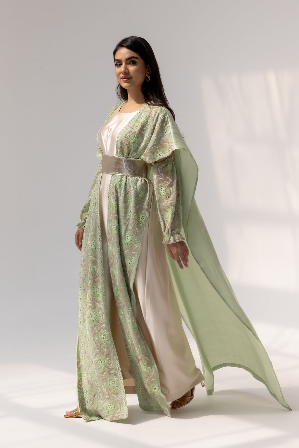 Mint Embroidered Open Abaya