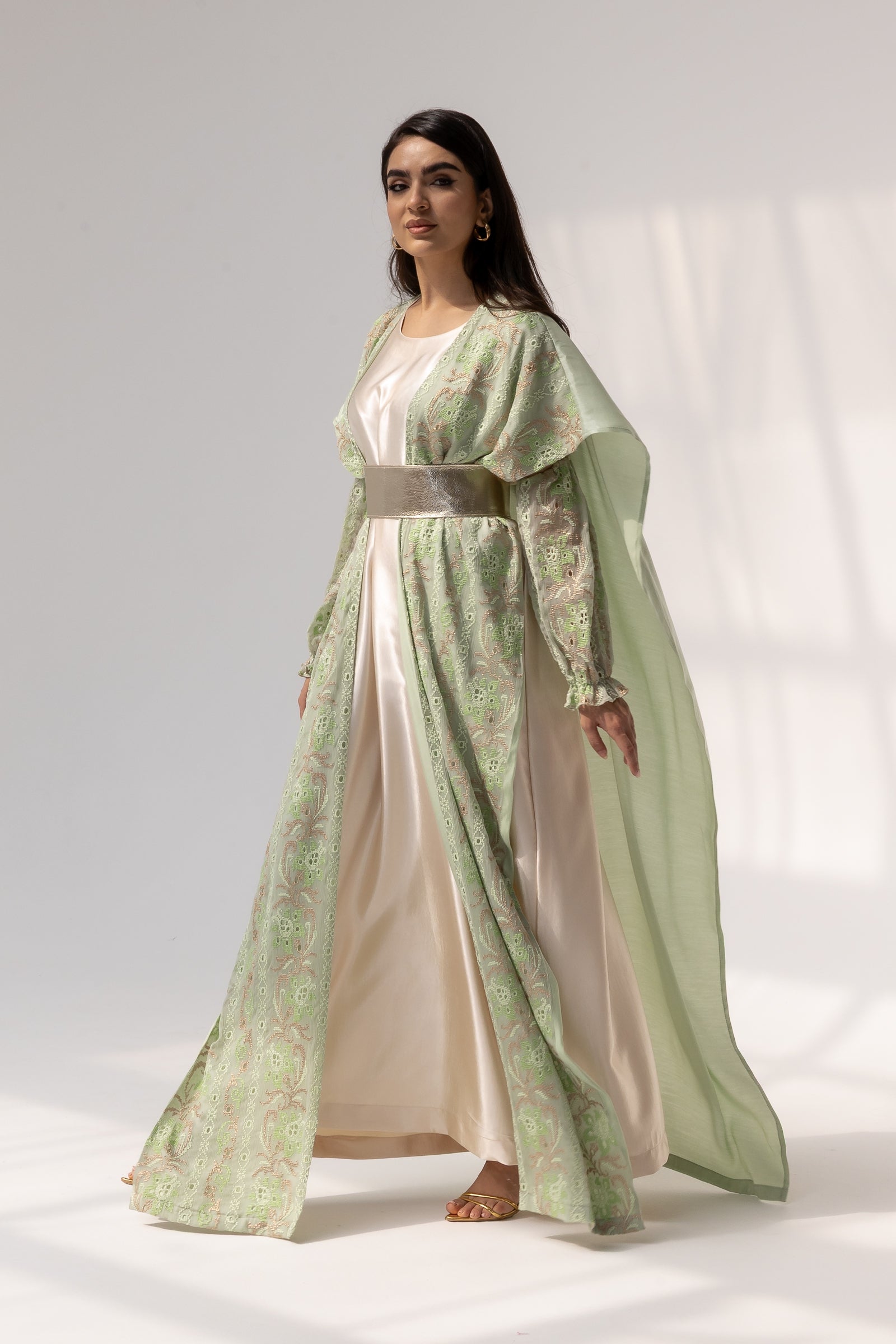Mint Embroidered Open Abaya