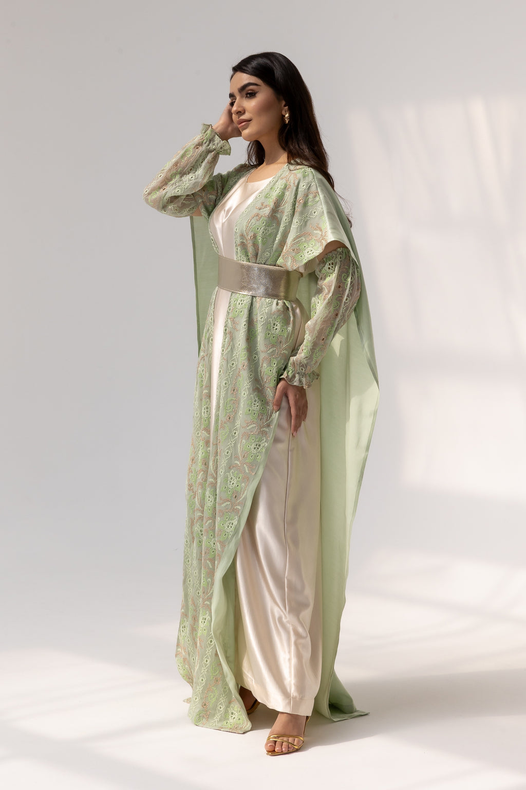 Mint Embroidered Open Abaya