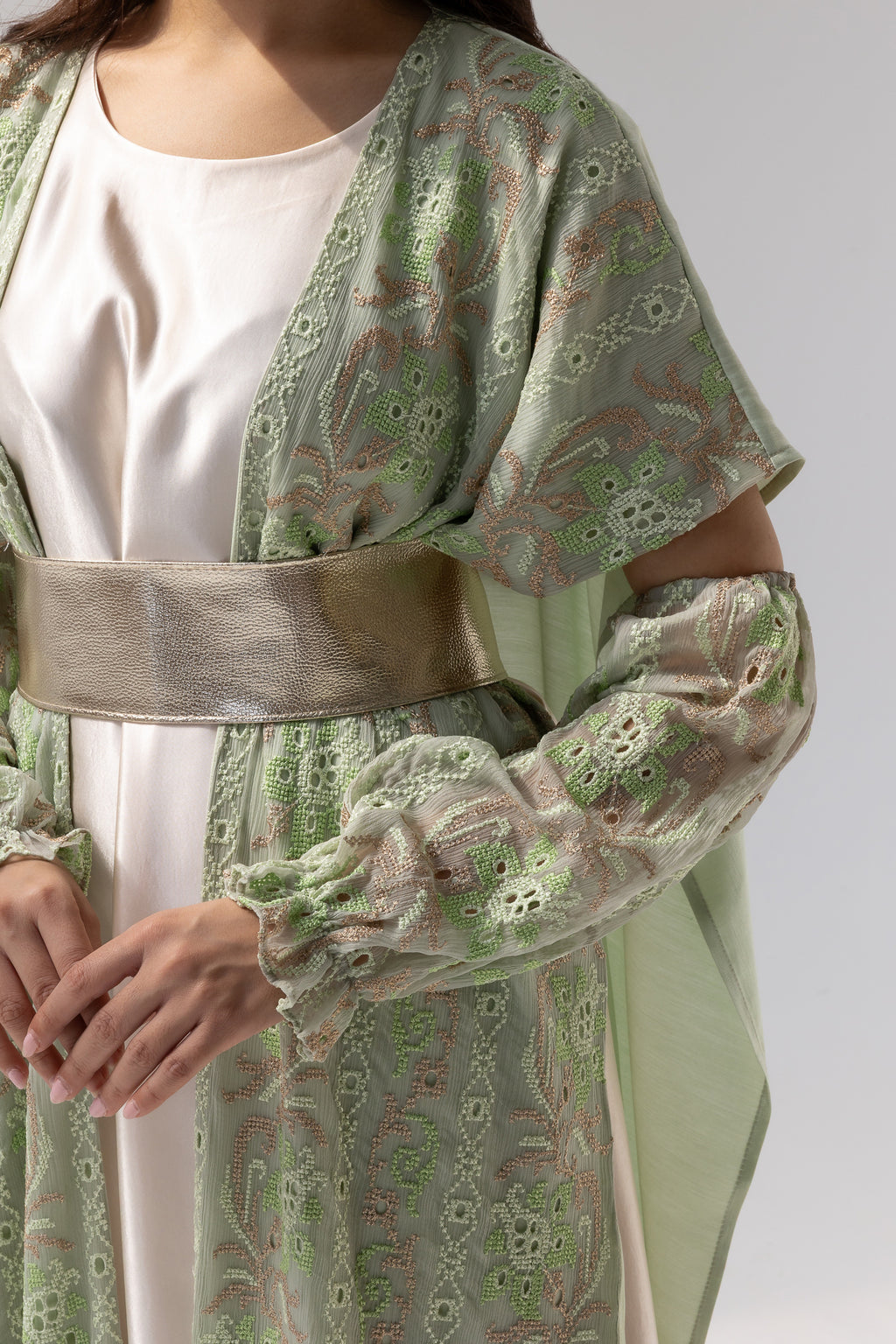 Mint Embroidered Open Abaya