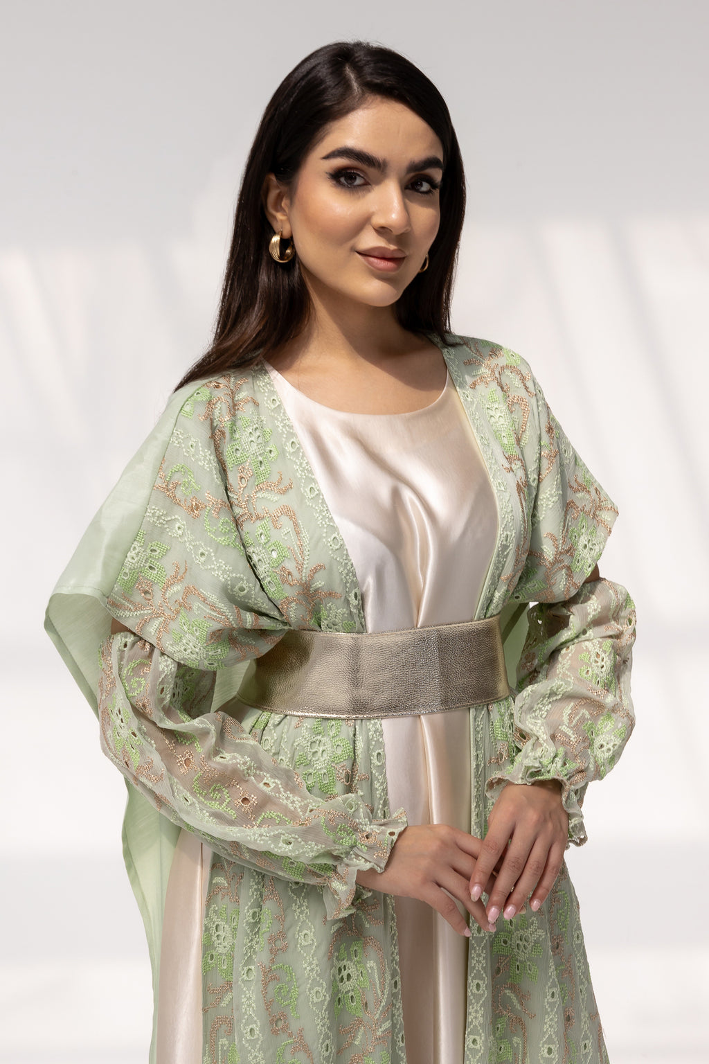 Mint Embroidered Open Abaya