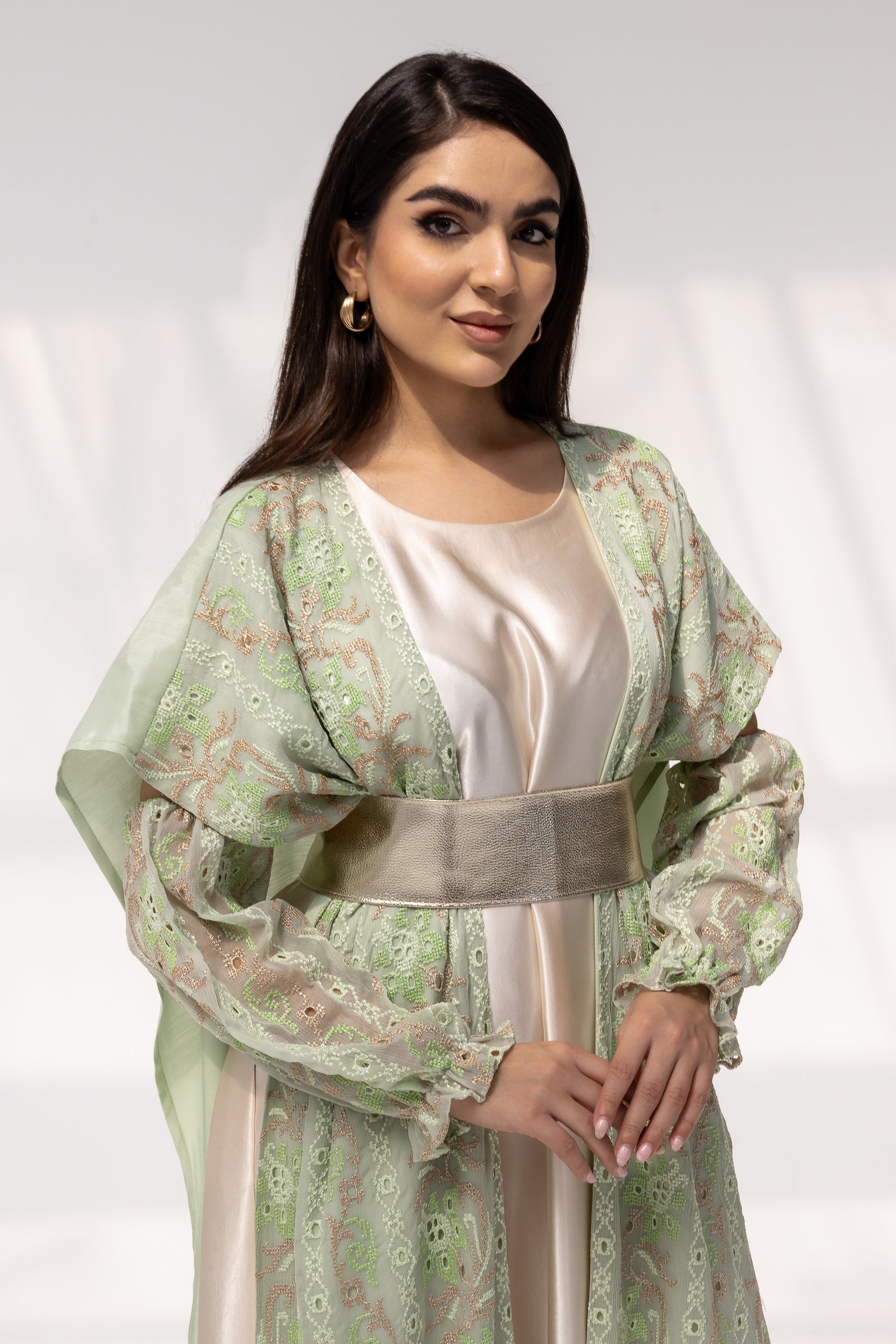 Mint Embroidered Open Abaya