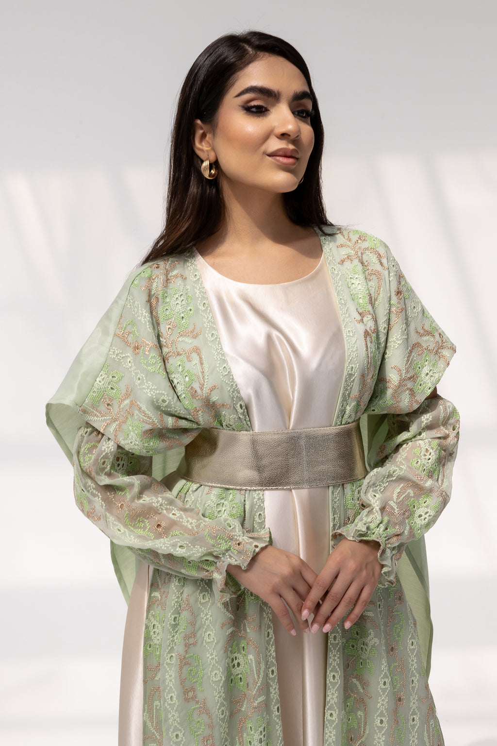 Mint Embroidered Open Abaya