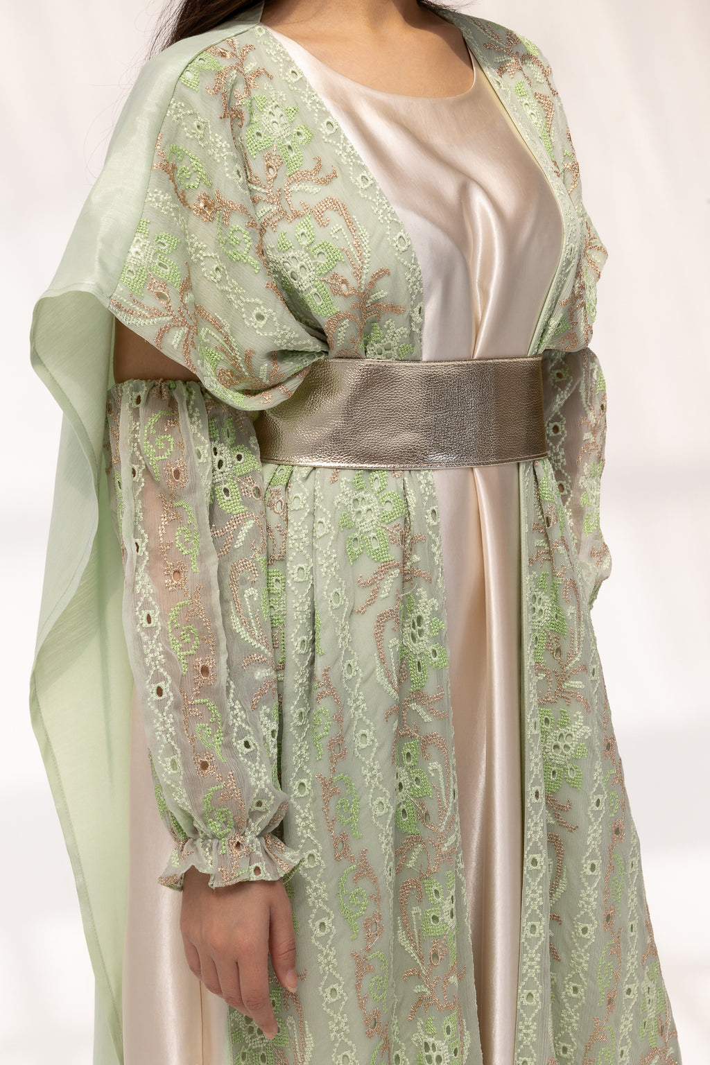 Mint Embroidered Open Abaya