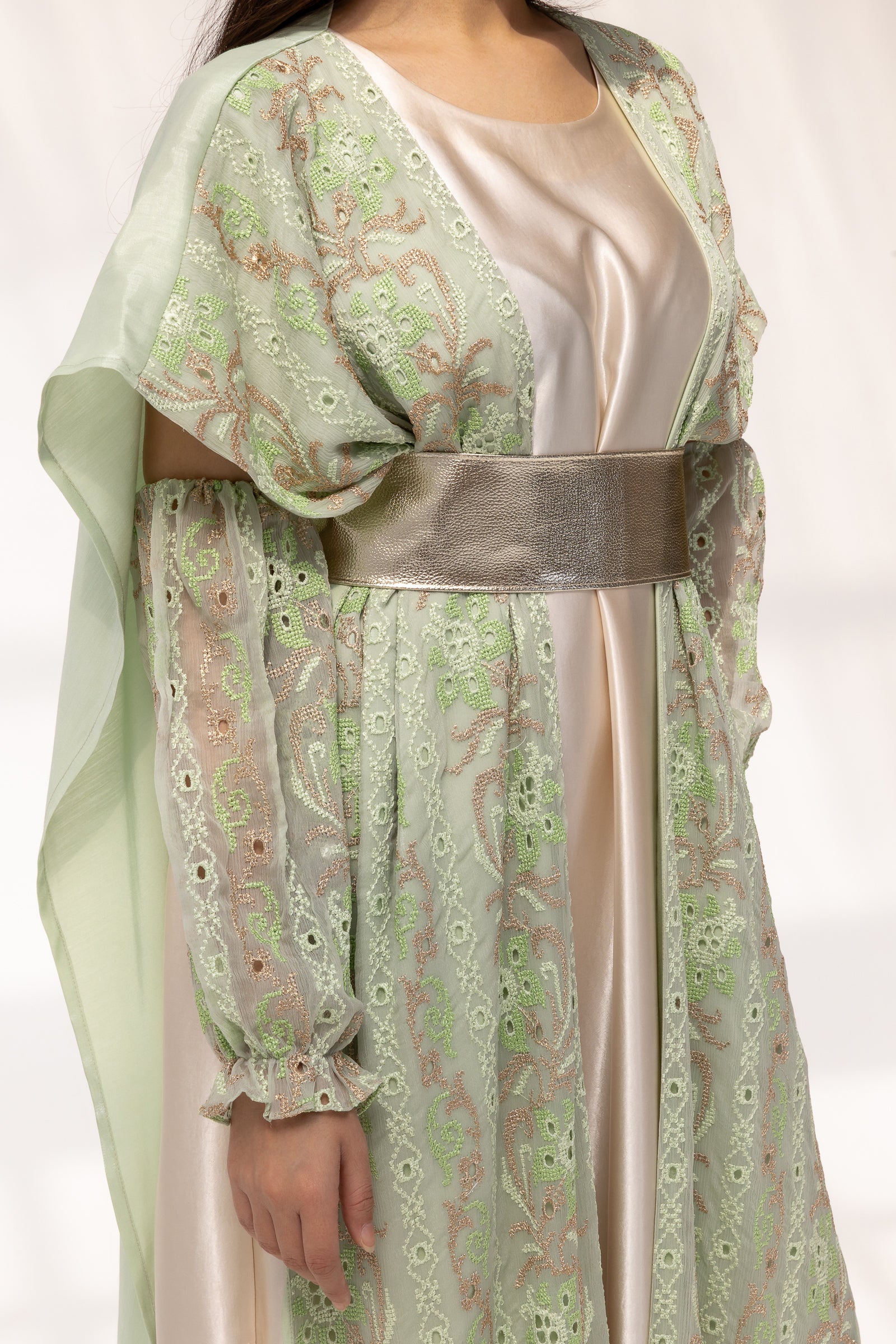 Mint Embroidered Open Abaya