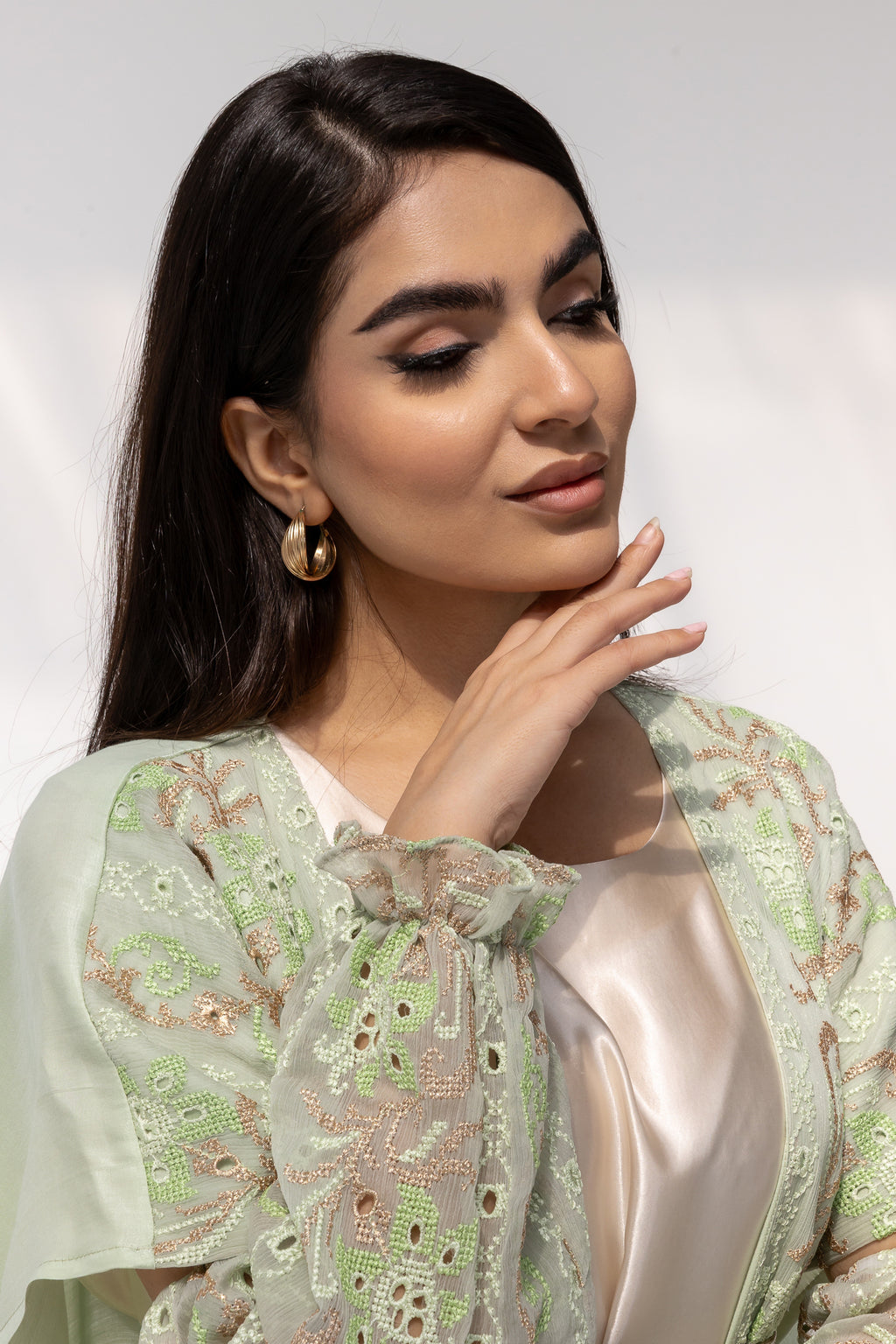 Mint Embroidered Open Abaya