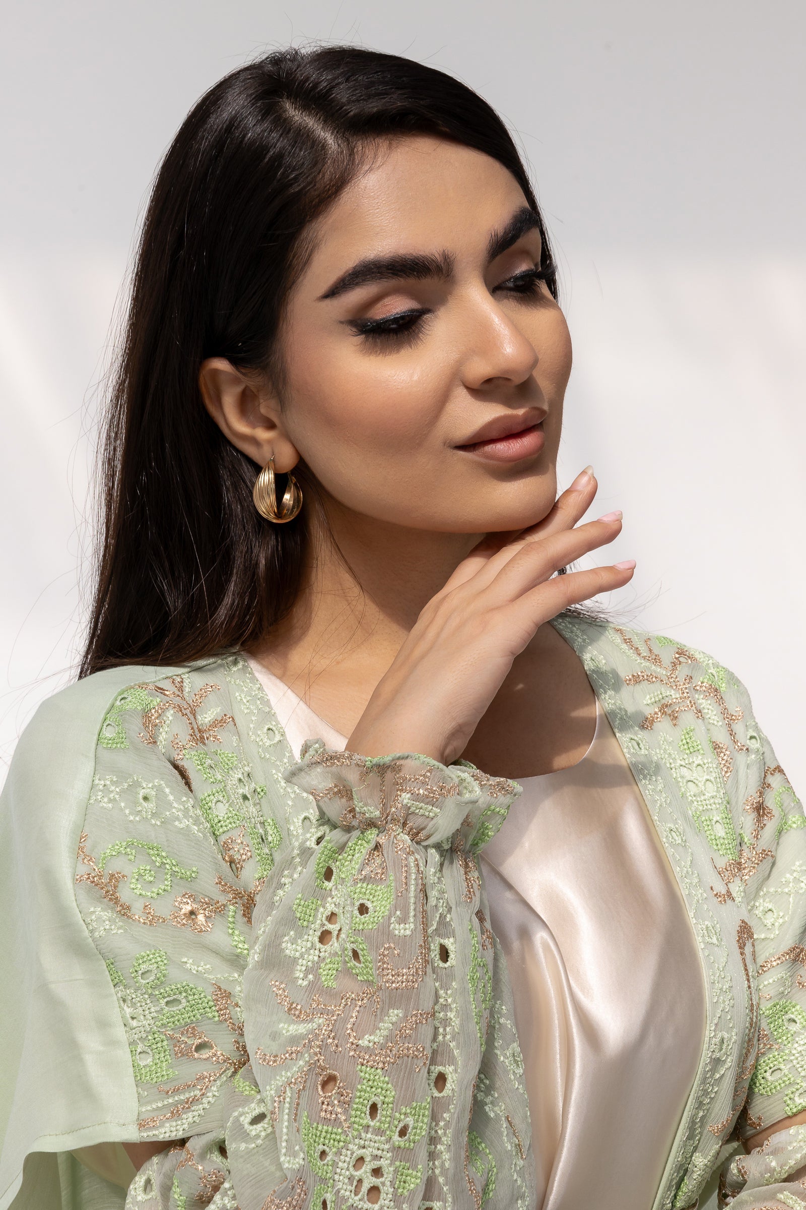Mint Embroidered Open Abaya