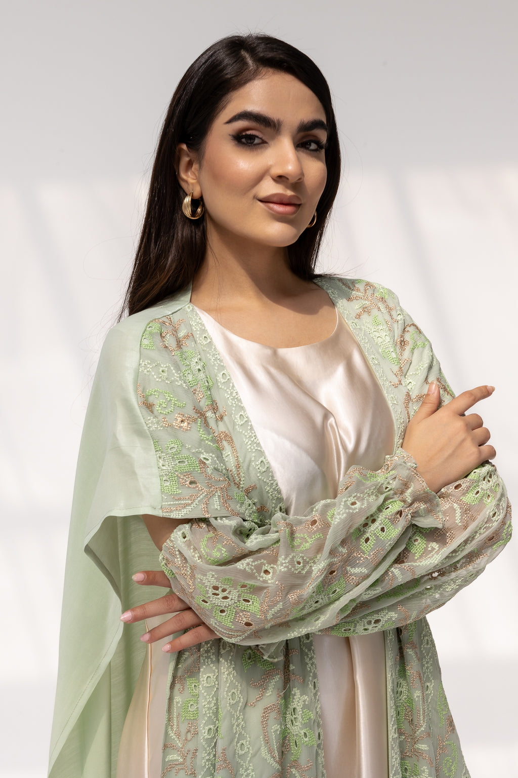 Mint Embroidered Open Abaya
