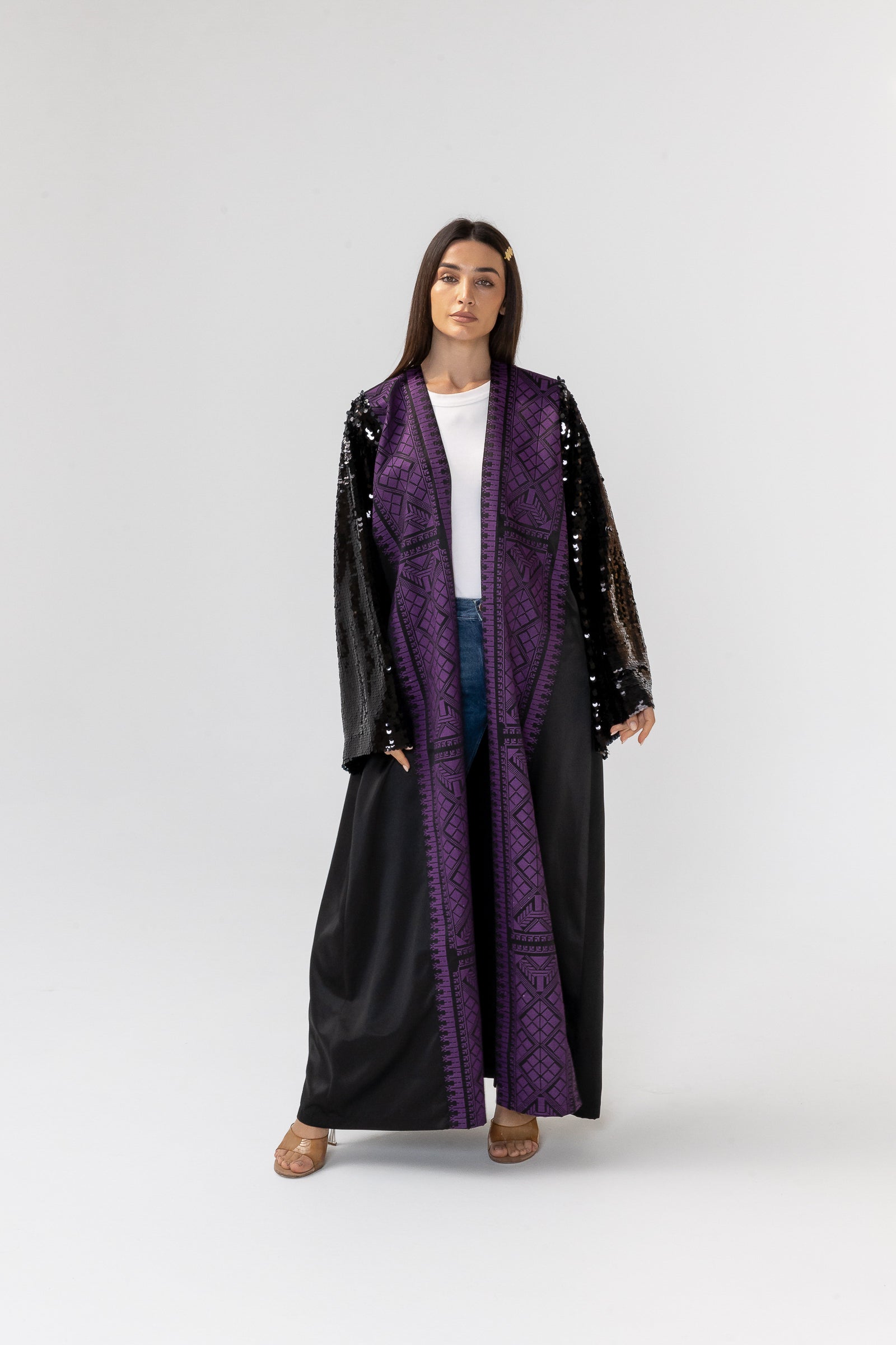 Black Embroidered Abaya with Sequin Sleeves