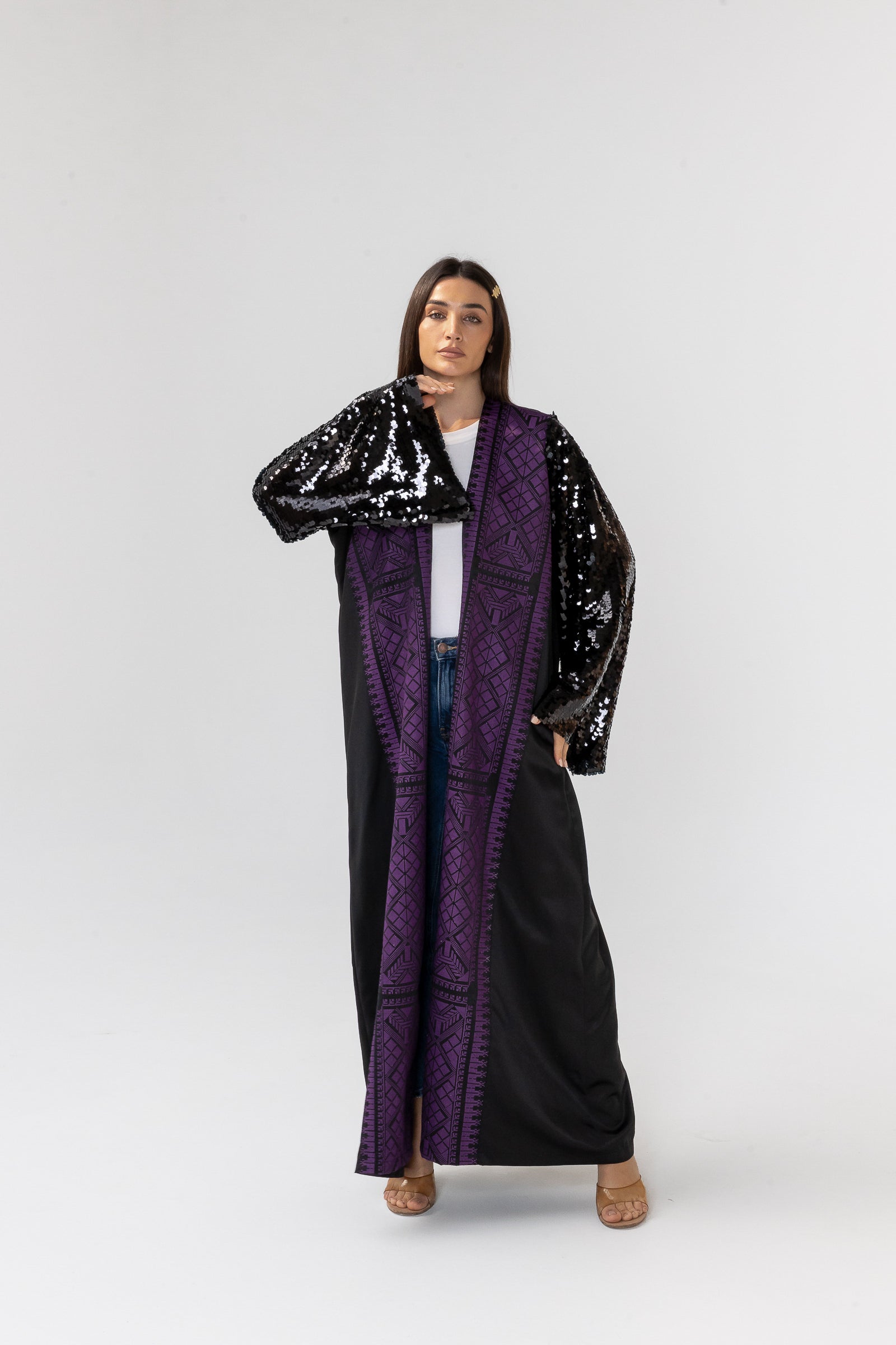 Black Embroidered Abaya with Sequin Sleeves