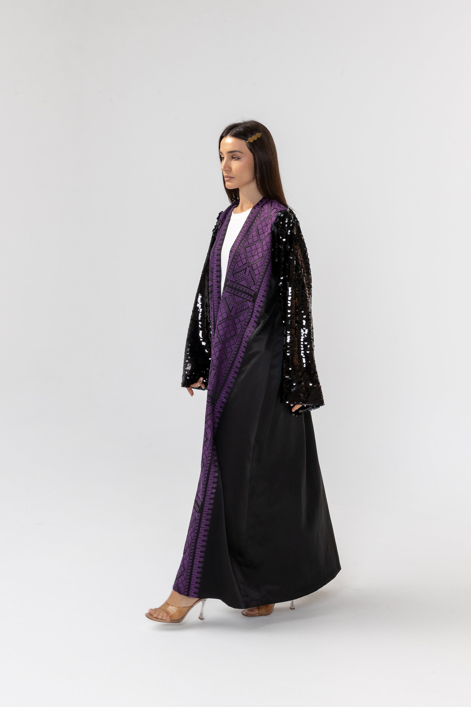 Black Embroidered Abaya with Sequin Sleeves