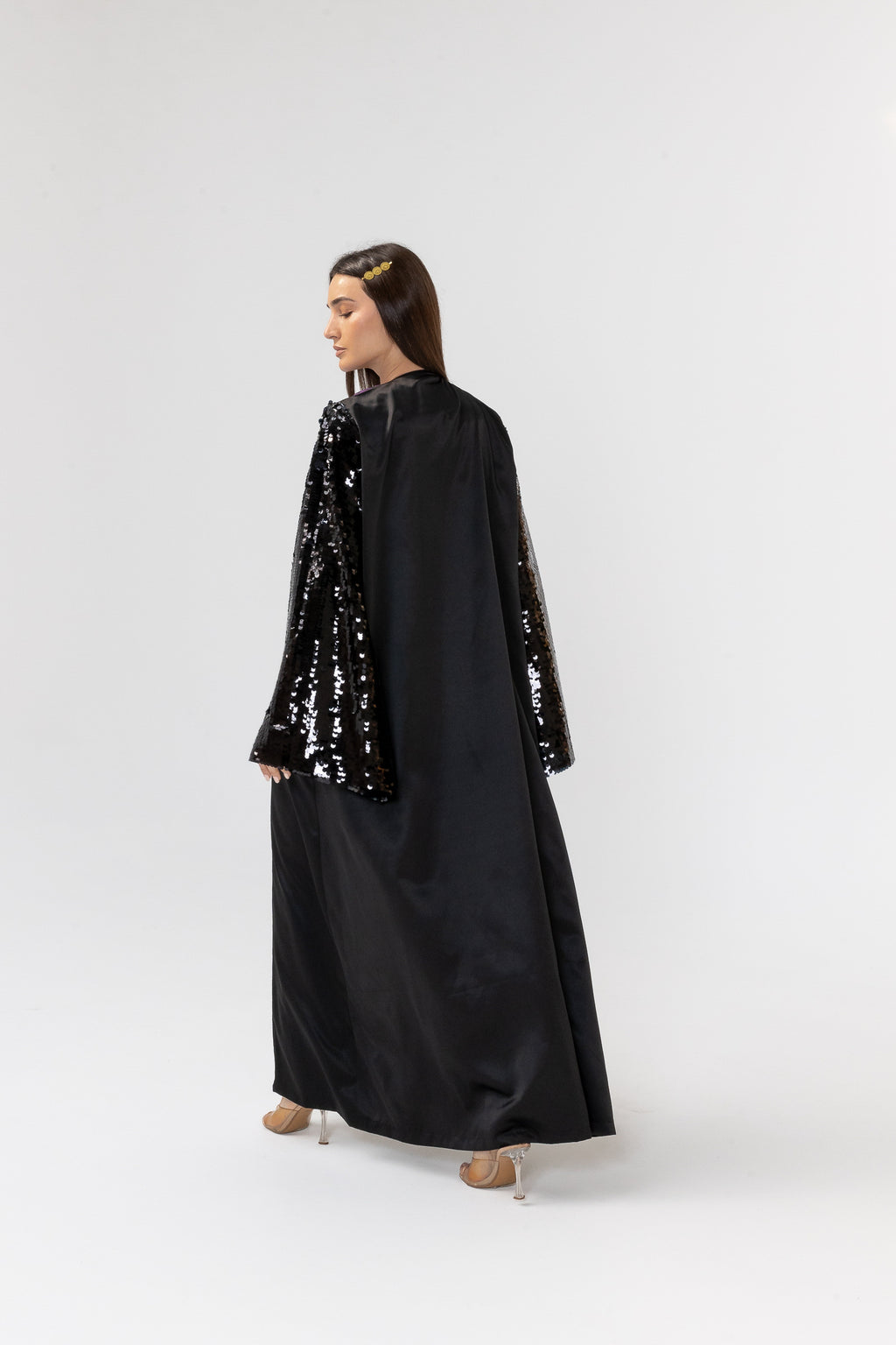 Black Embroidered Abaya with Sequin Sleeves