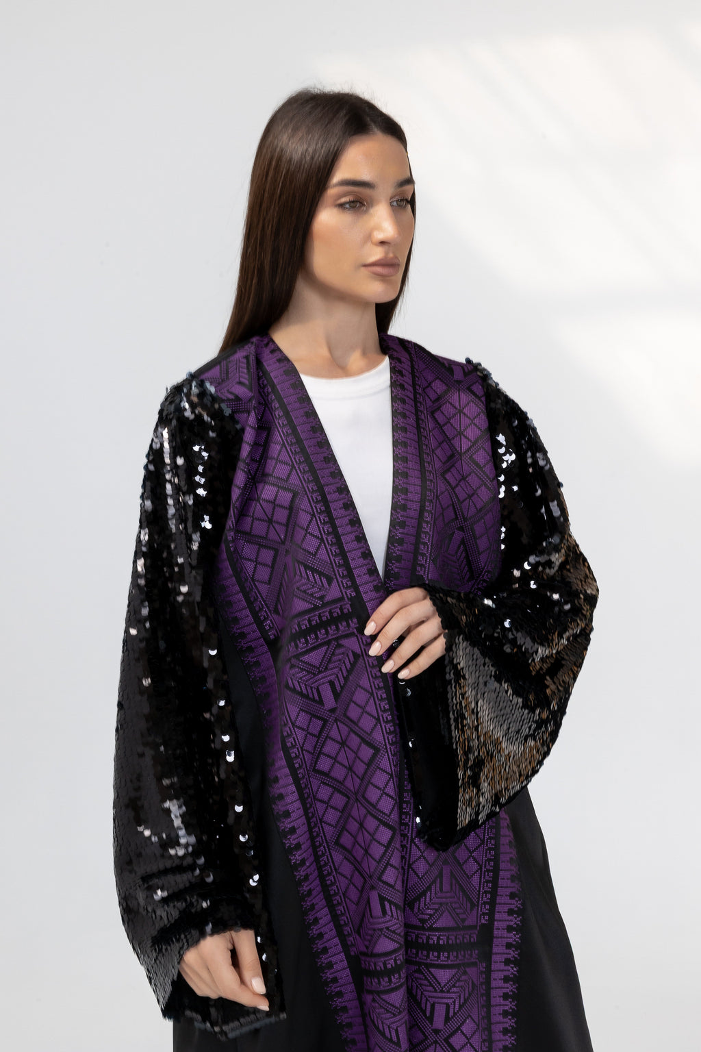 Black Embroidered Abaya with Sequin Sleeves