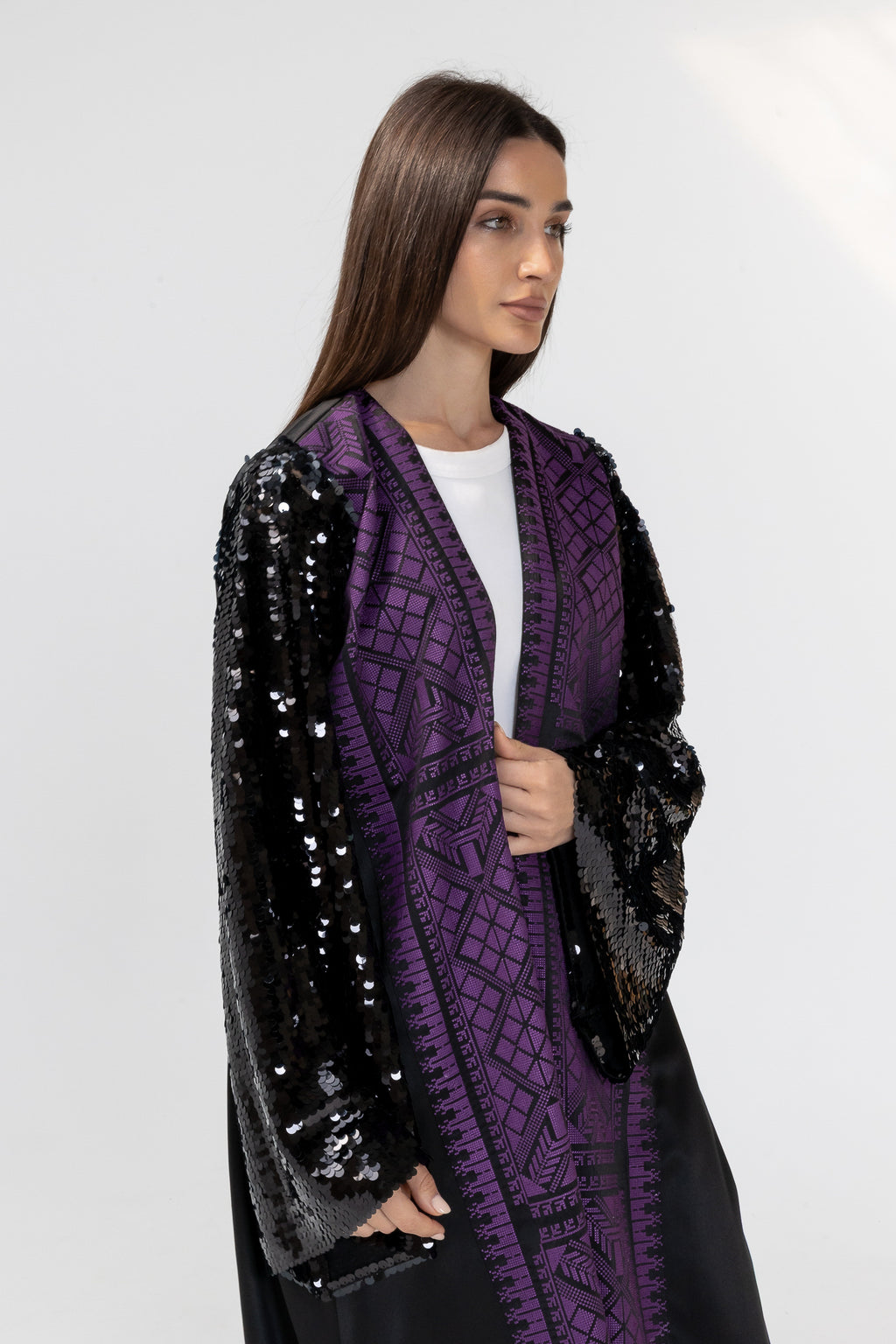 Black Embroidered Abaya with Sequin Sleeves