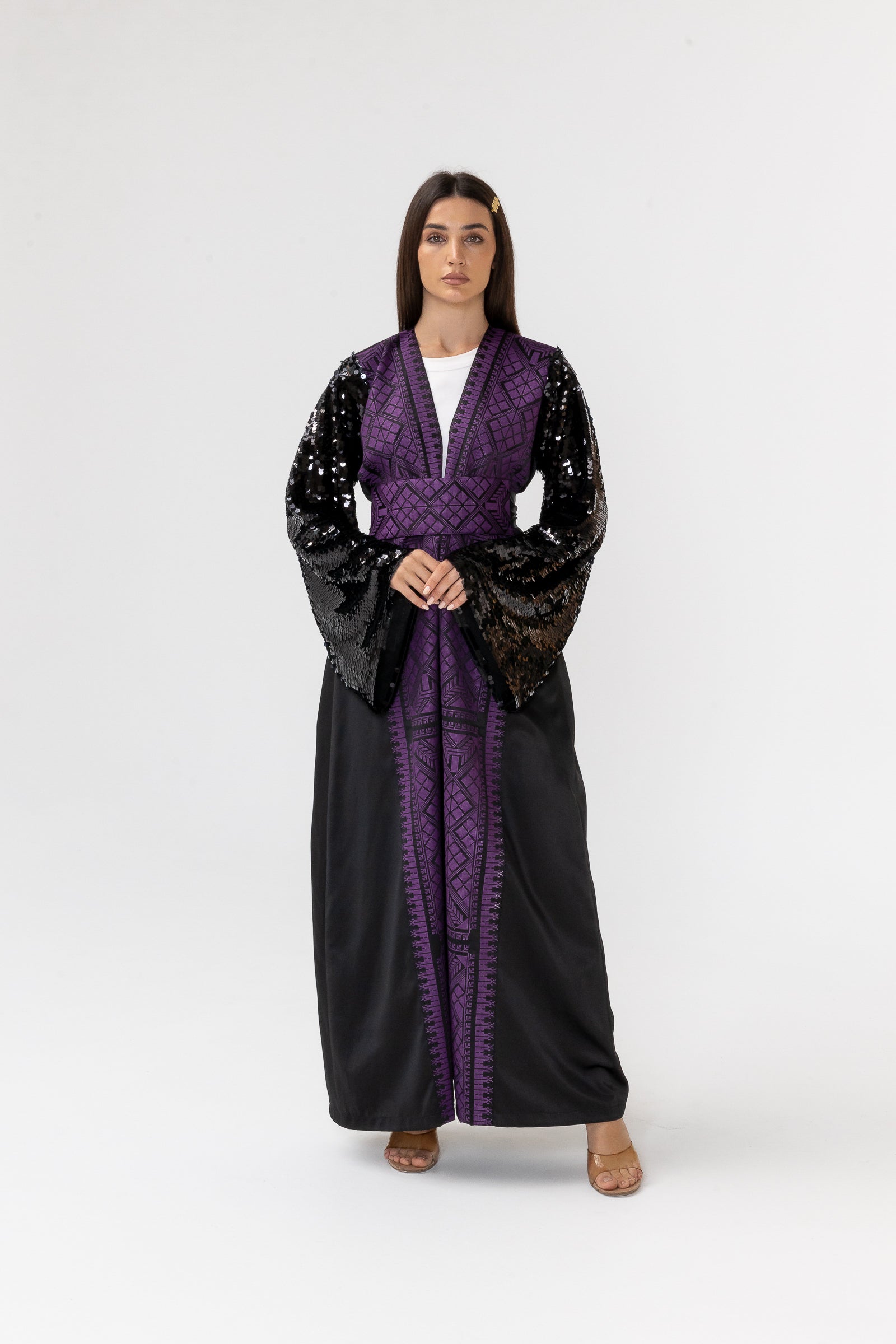 Black Embroidered Abaya with Sequin Sleeves