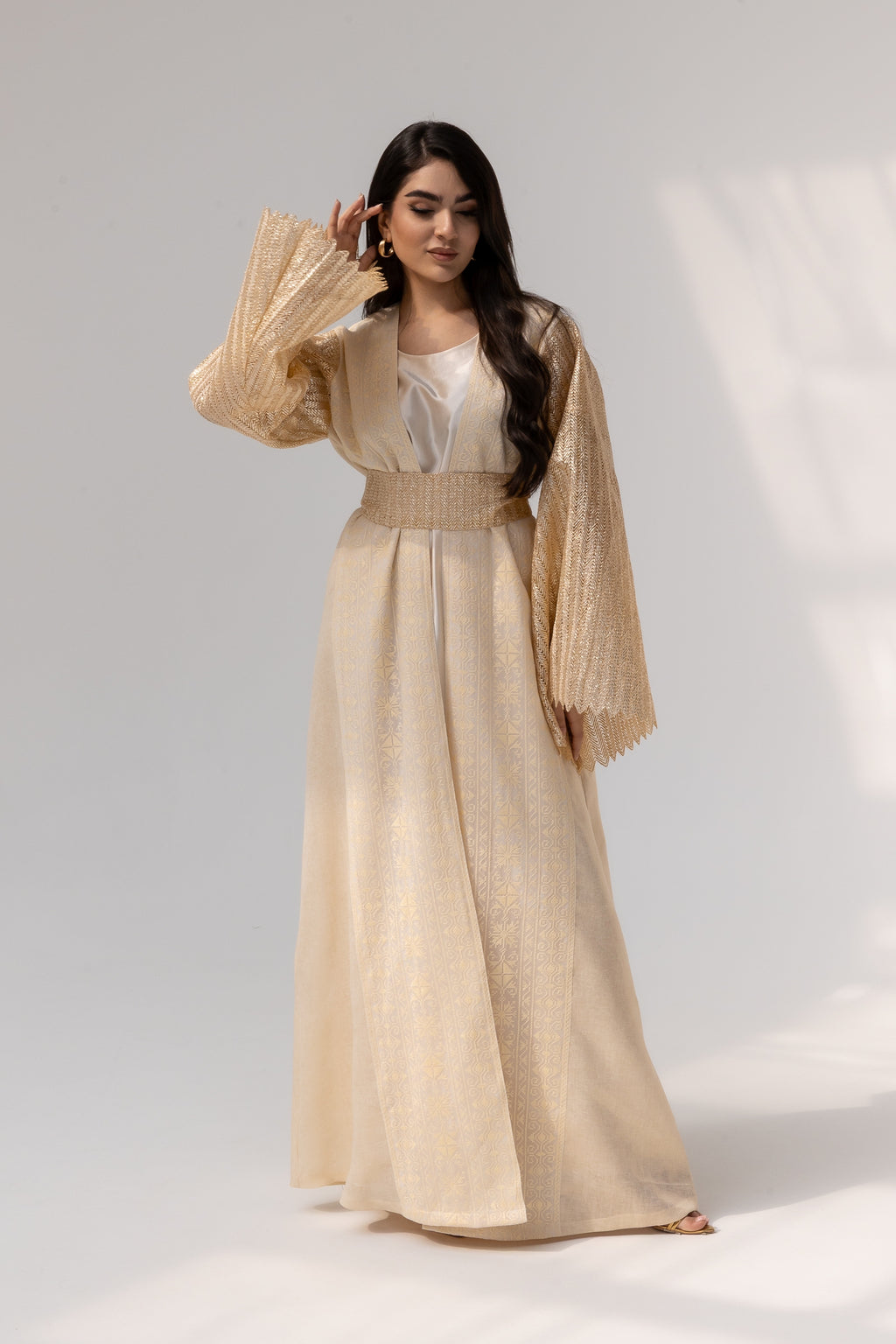 Cream Dress with Pleated Sleeves