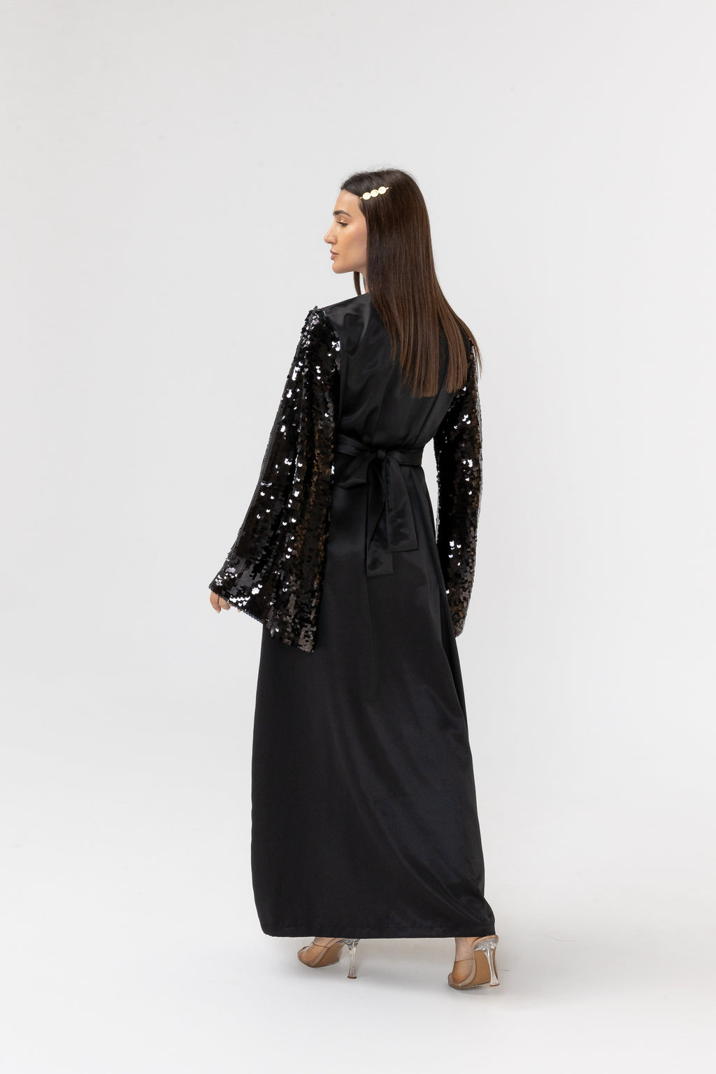 Black Embroidered Abaya with Sequin Sleeves
