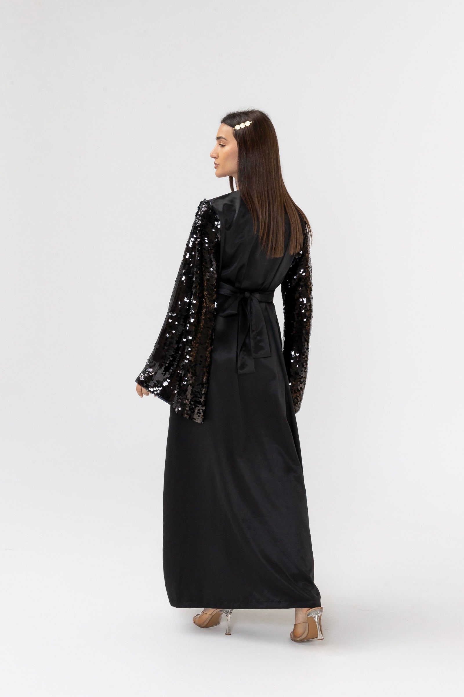 Black Embroidered Abaya with Sequin Sleeves