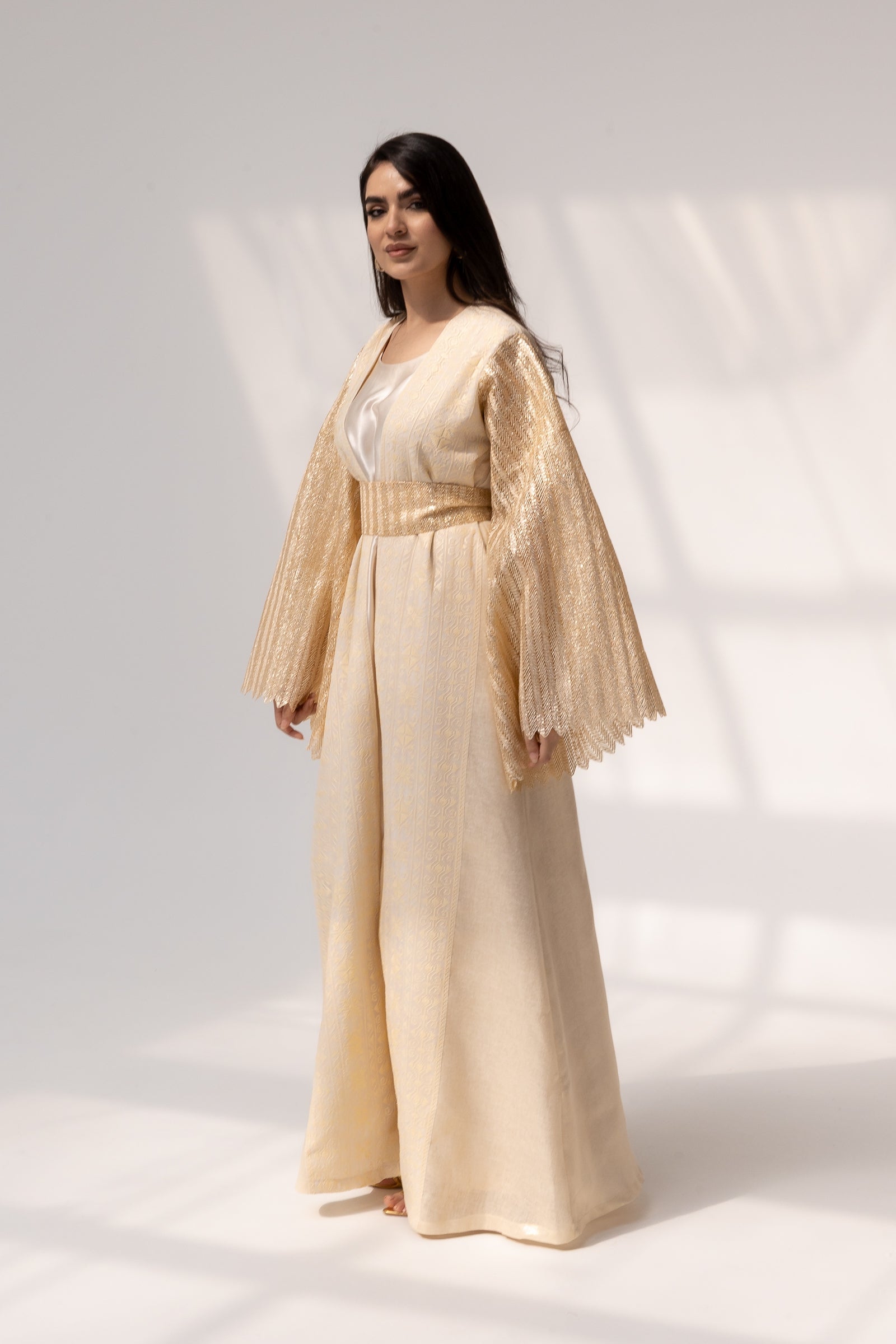 Cream Dress with Pleated Sleeves