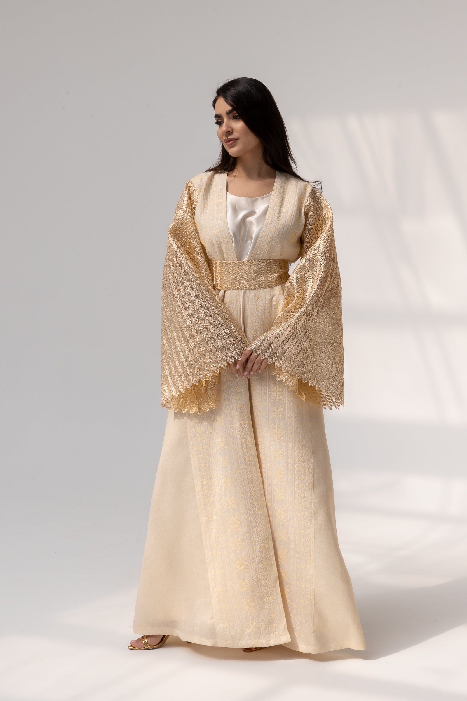 Cream Dress with Pleated Sleeves