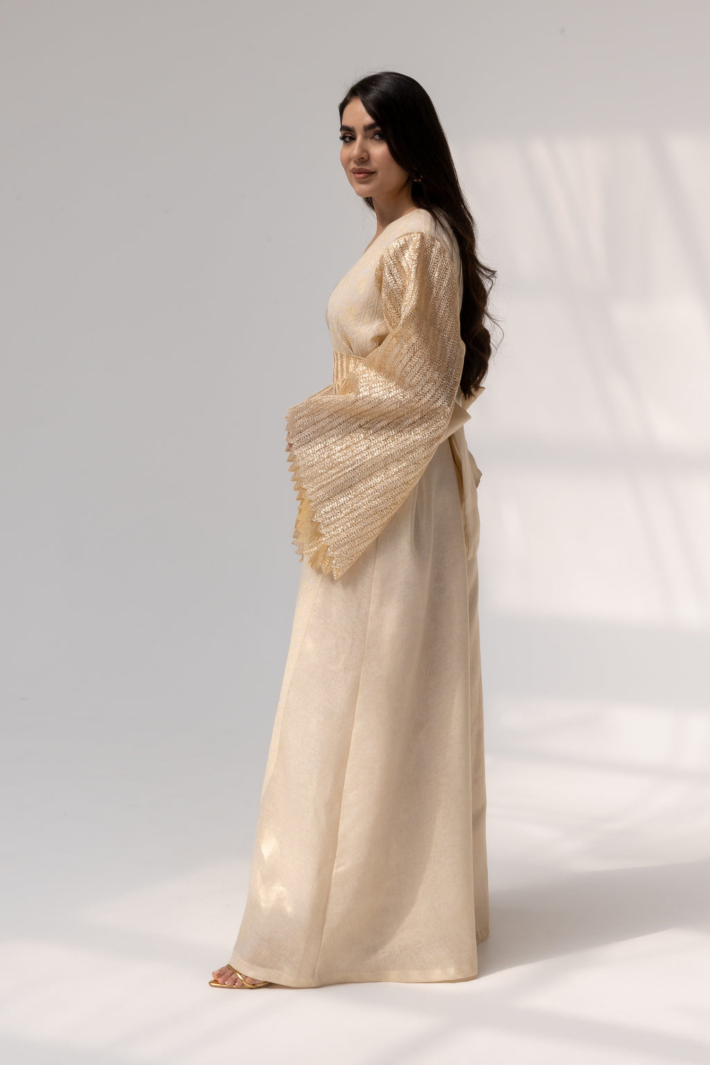 Cream Dress with Pleated Sleeves