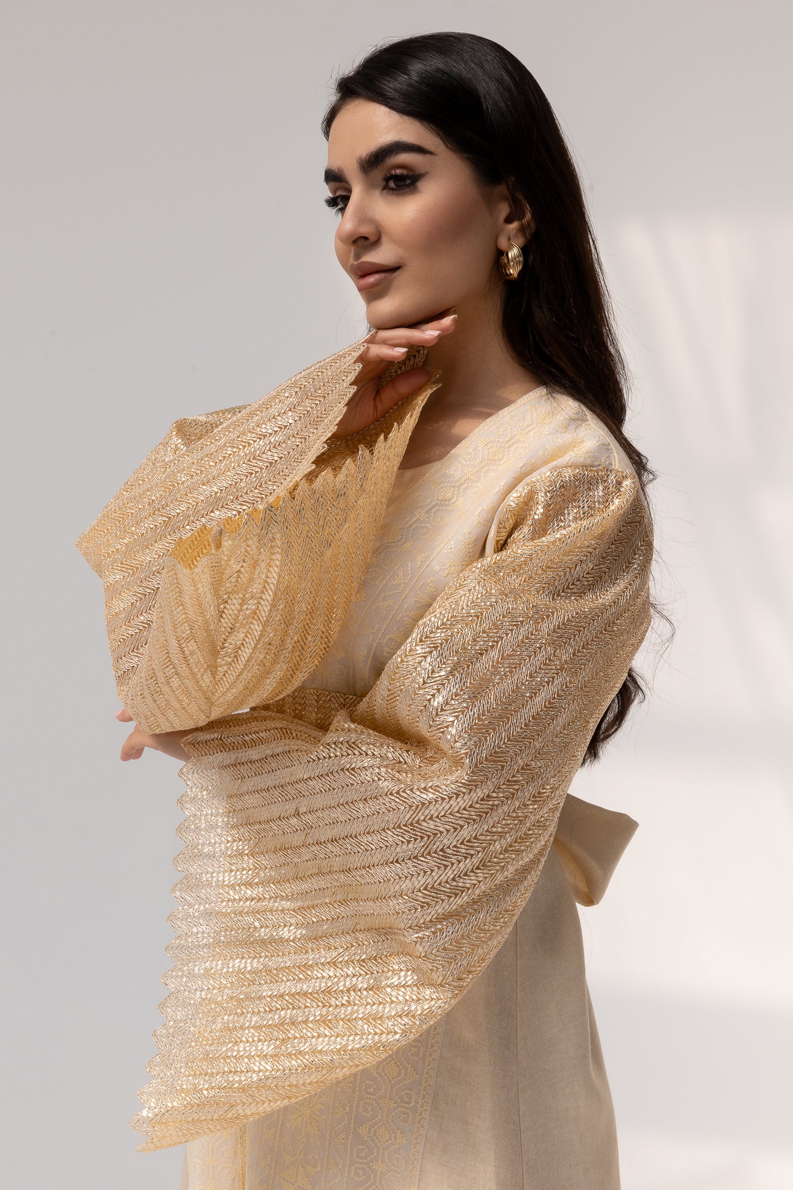 Cream Dress with Pleated Sleeves