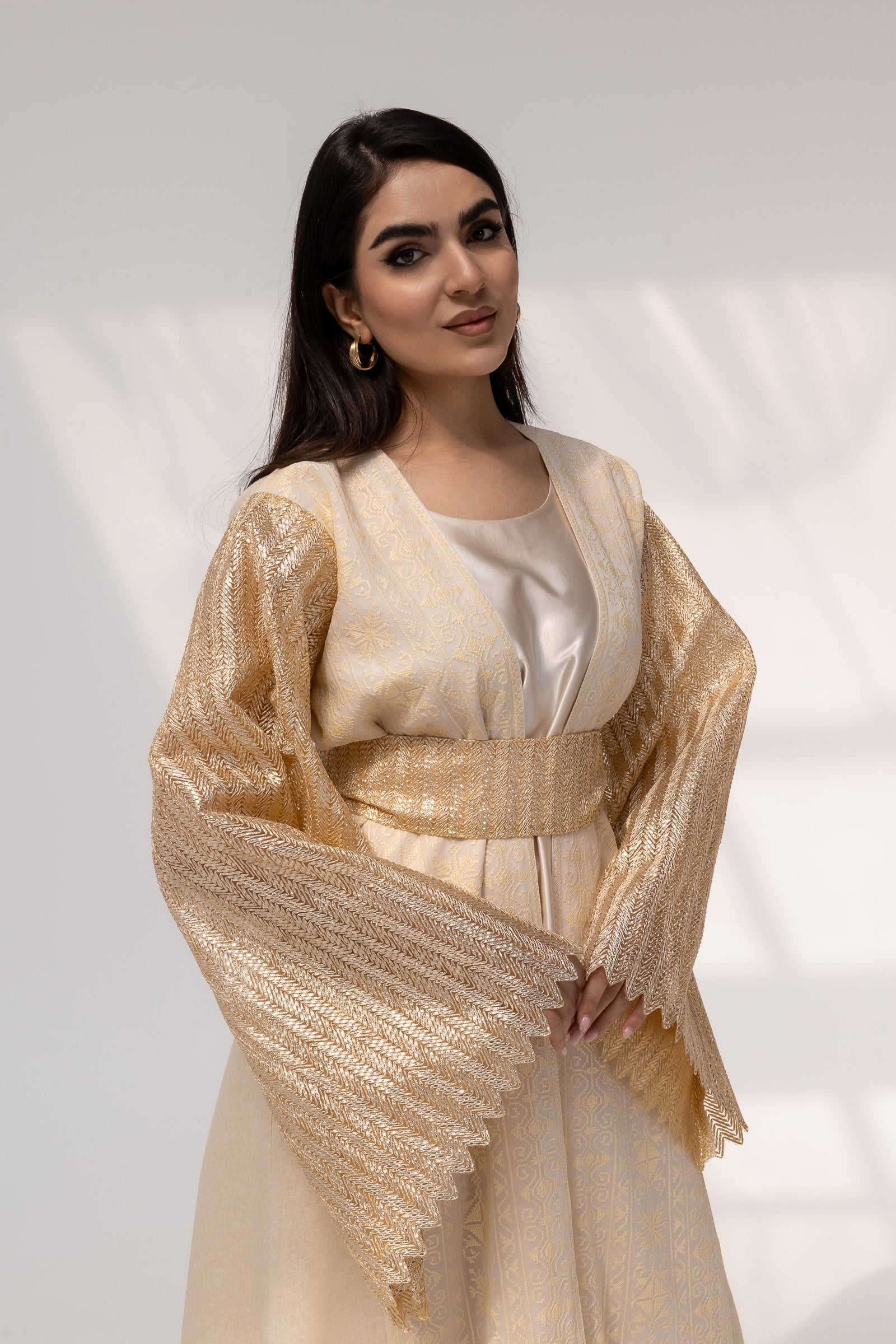 Cream Dress with Pleated Sleeves