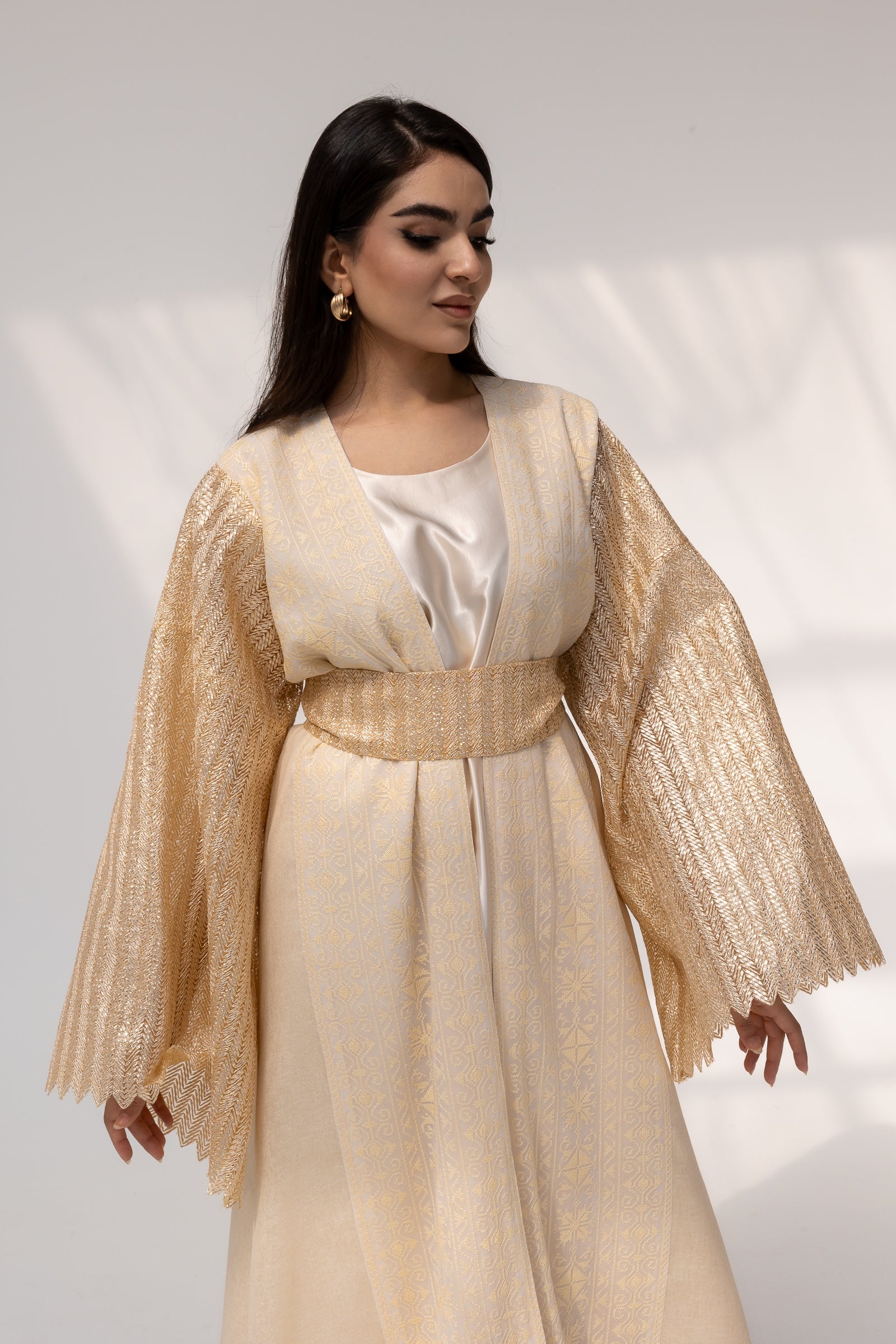 Cream Dress with Pleated Sleeves