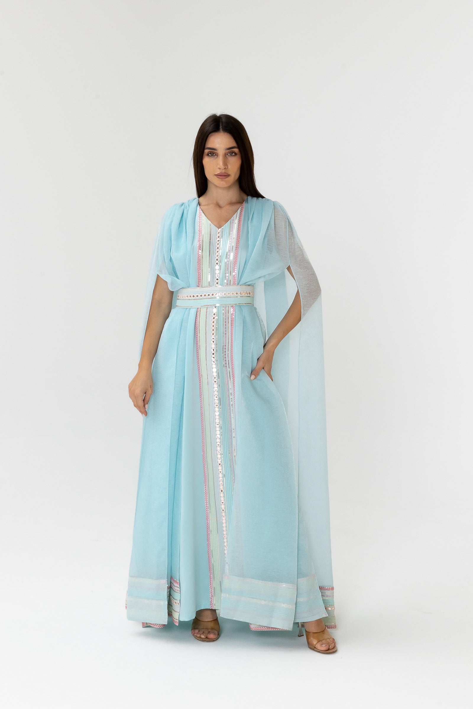 Blue Embellished Cape Kaftan
