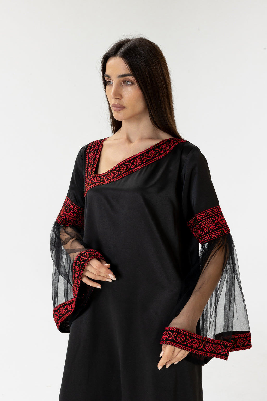 Black Embroidered Dress with Detachable Skirt