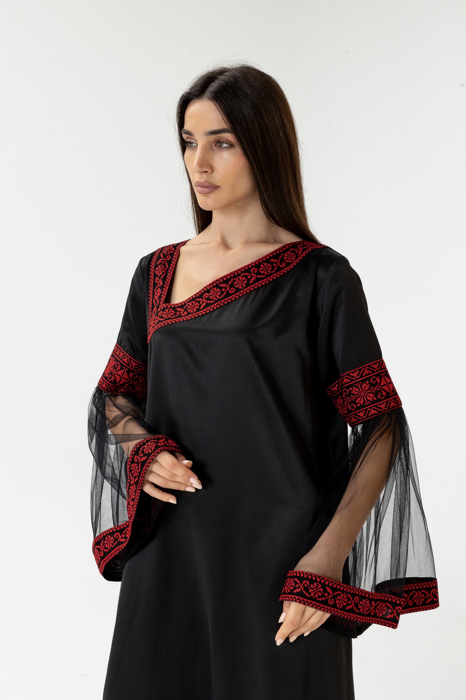 Black Embroidered Dress with Detachable Skirt