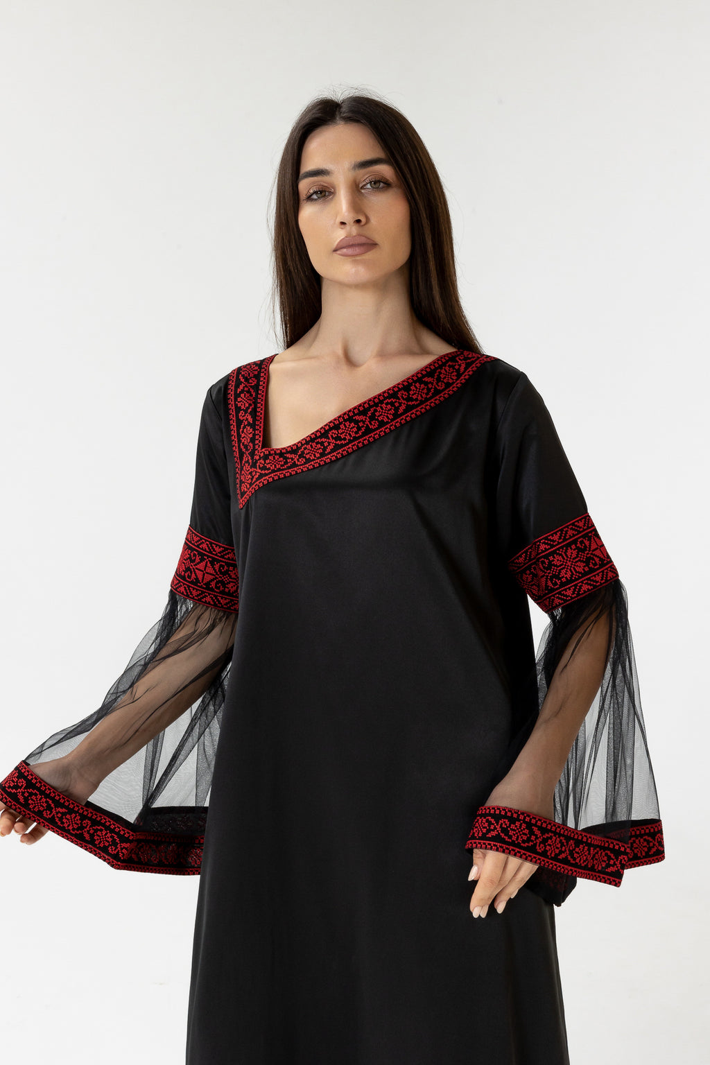 Black Embroidered Dress with Detachable Skirt