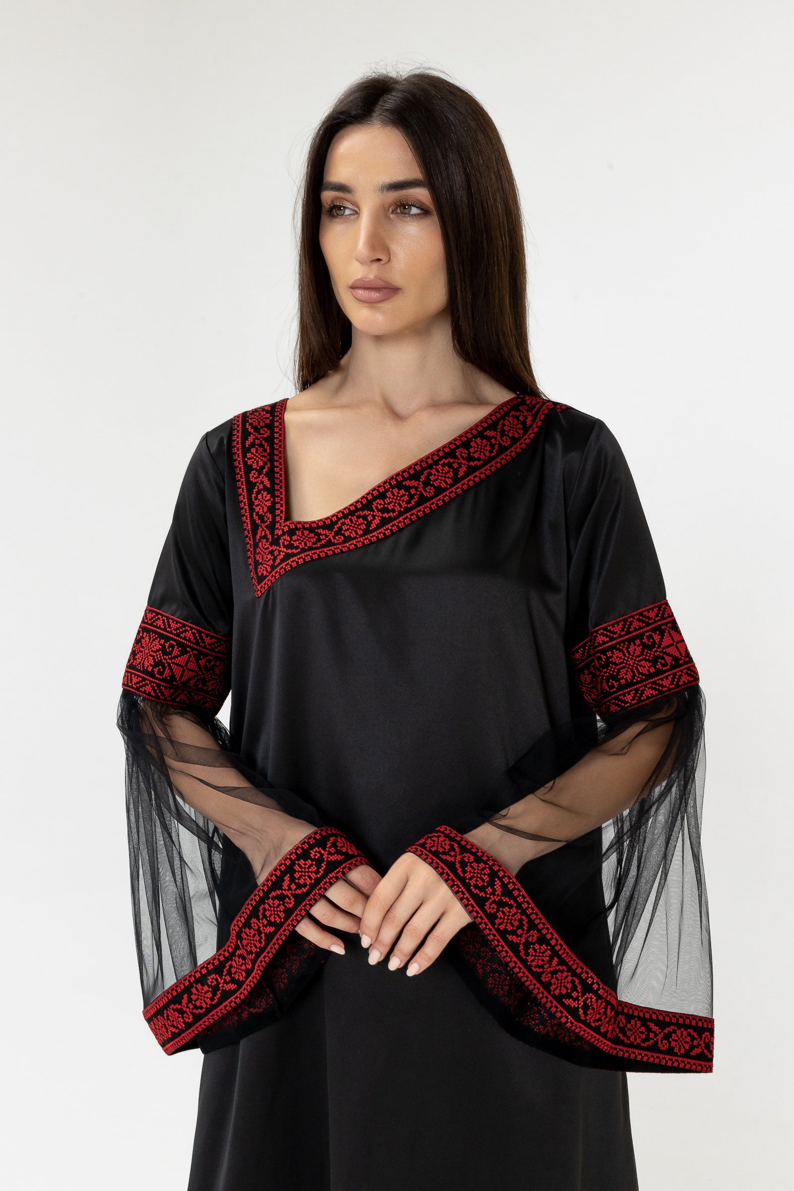 Black Embroidered Dress with Detachable Skirt