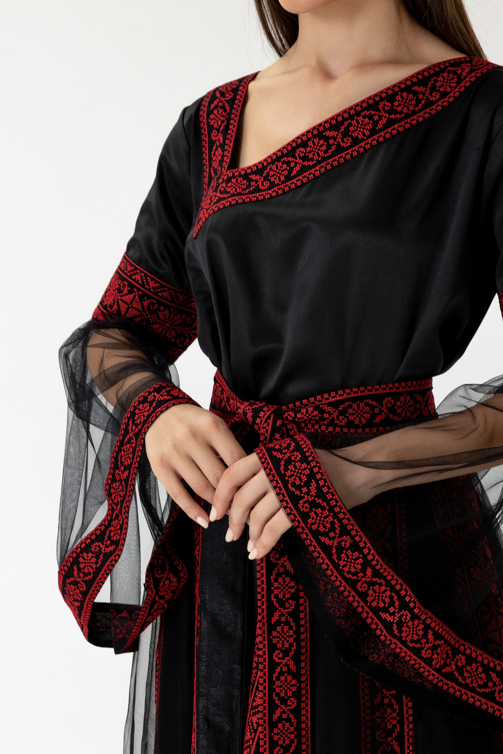 Black Embroidered Dress with Detachable Skirt