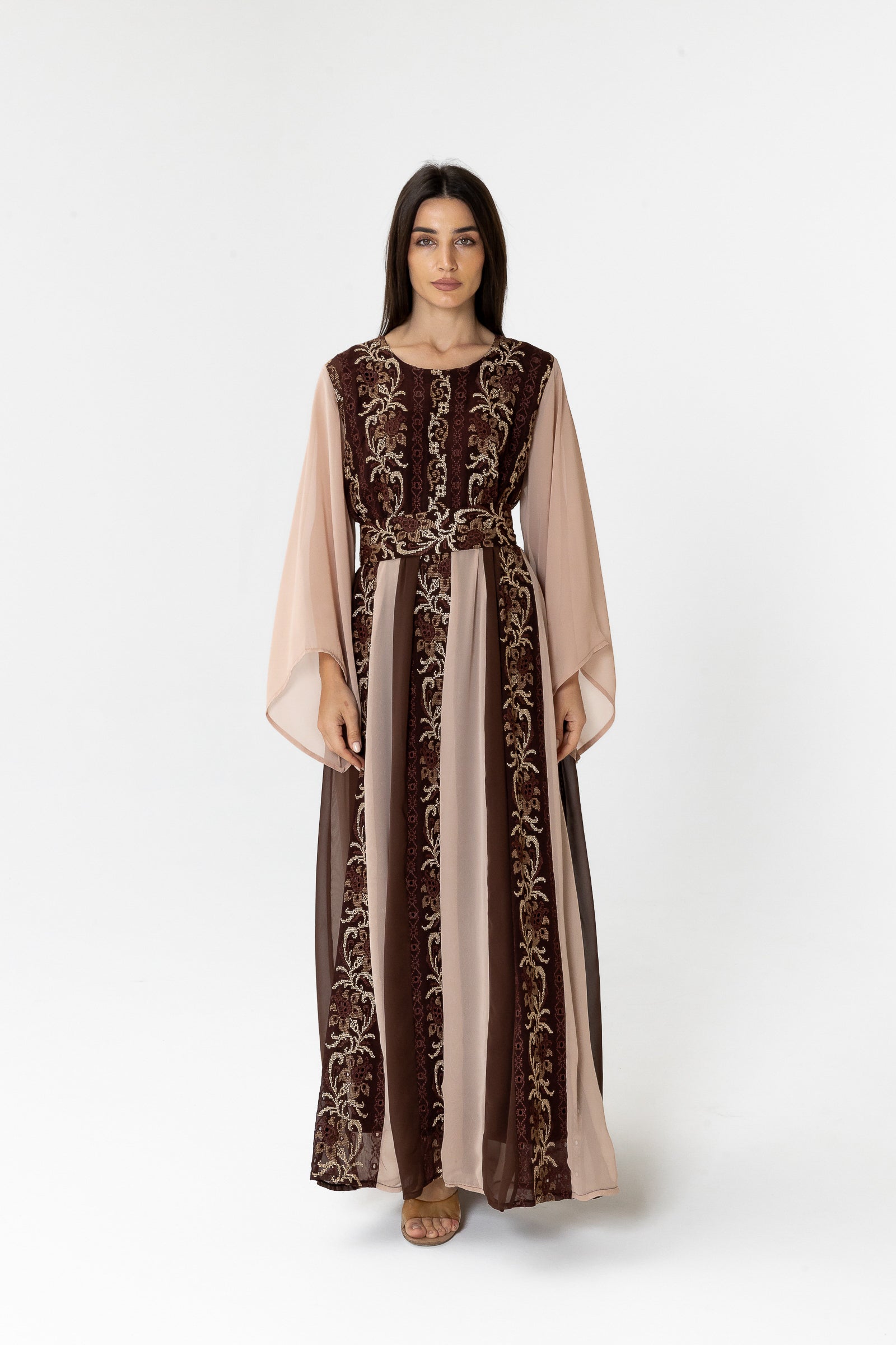 Brown Embroidered Dress with Sheer Sleeves