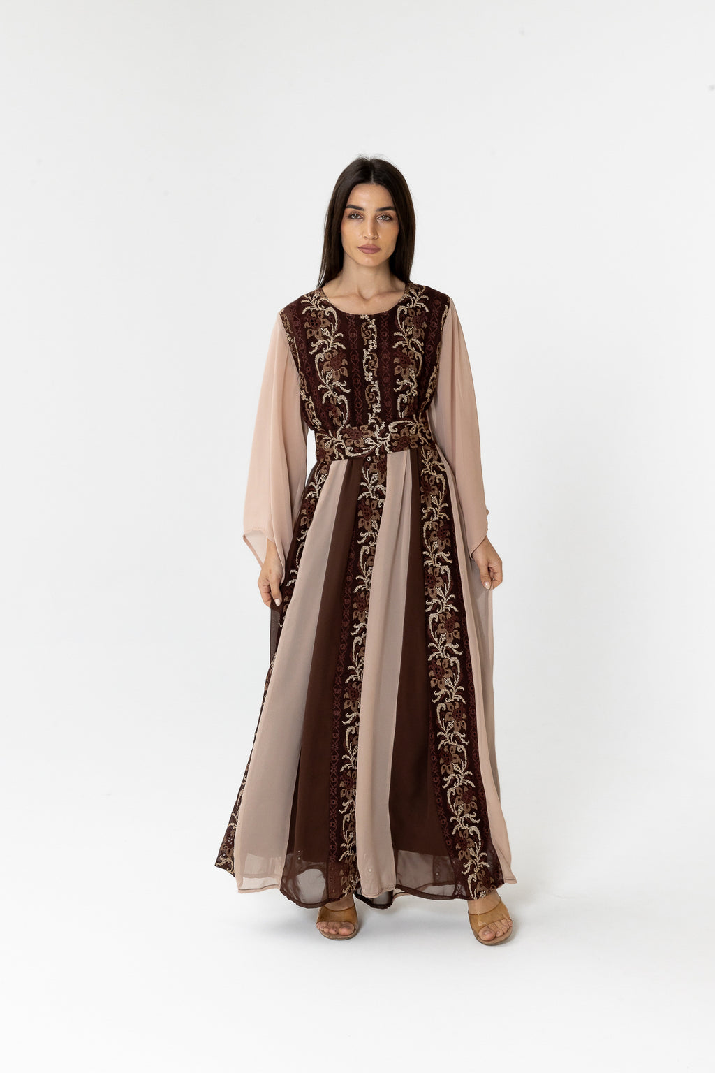 Brown Embroidered Dress with Sheer Sleeves