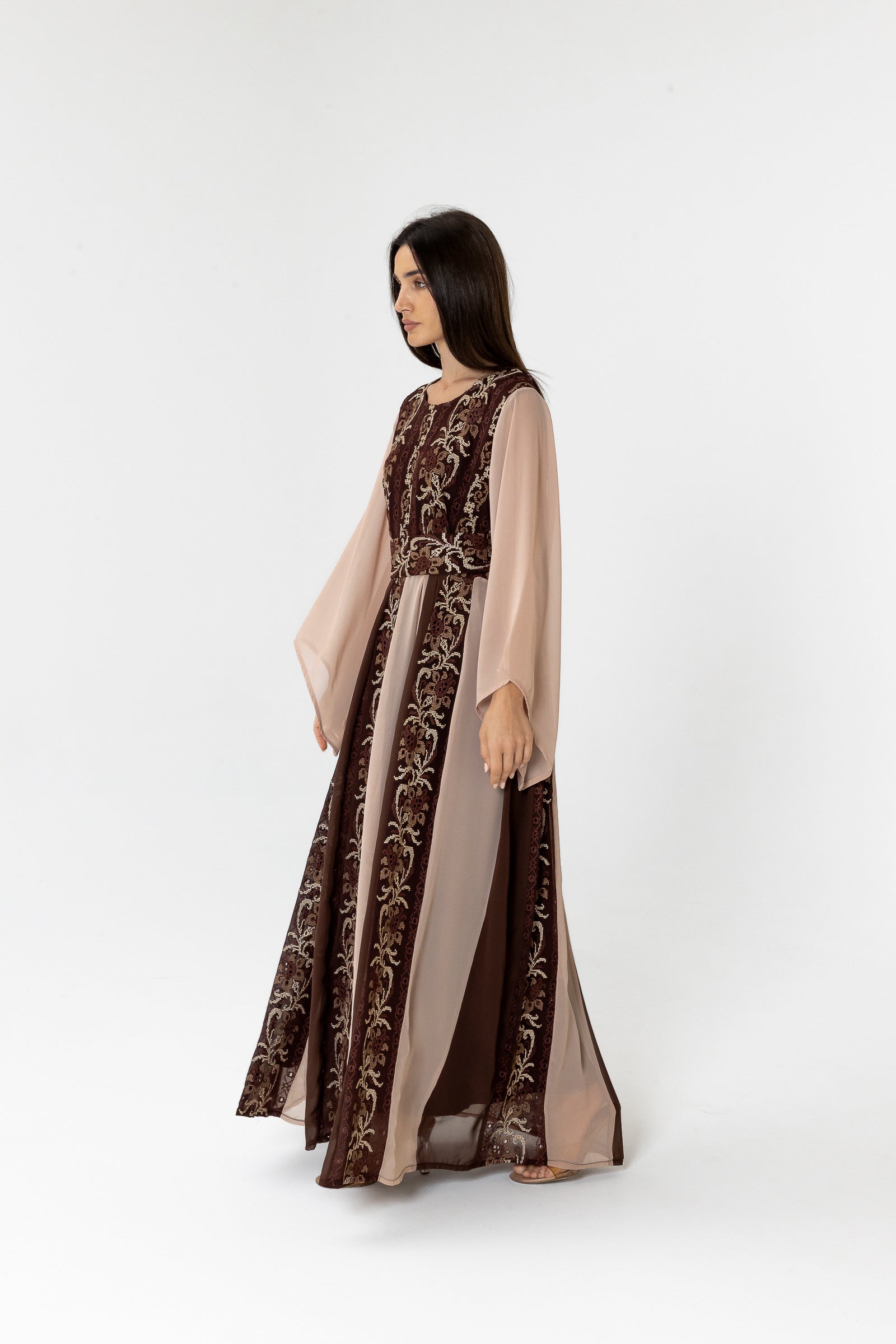 Brown Embroidered Dress with Sheer Sleeves