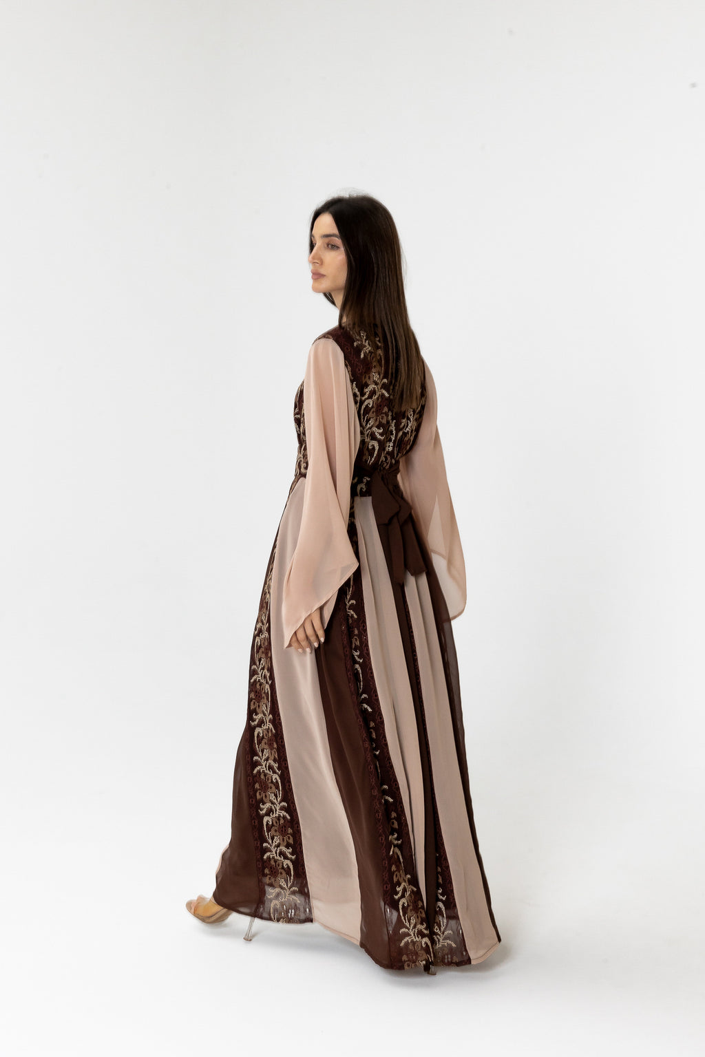 Brown Embroidered Dress with Sheer Sleeves