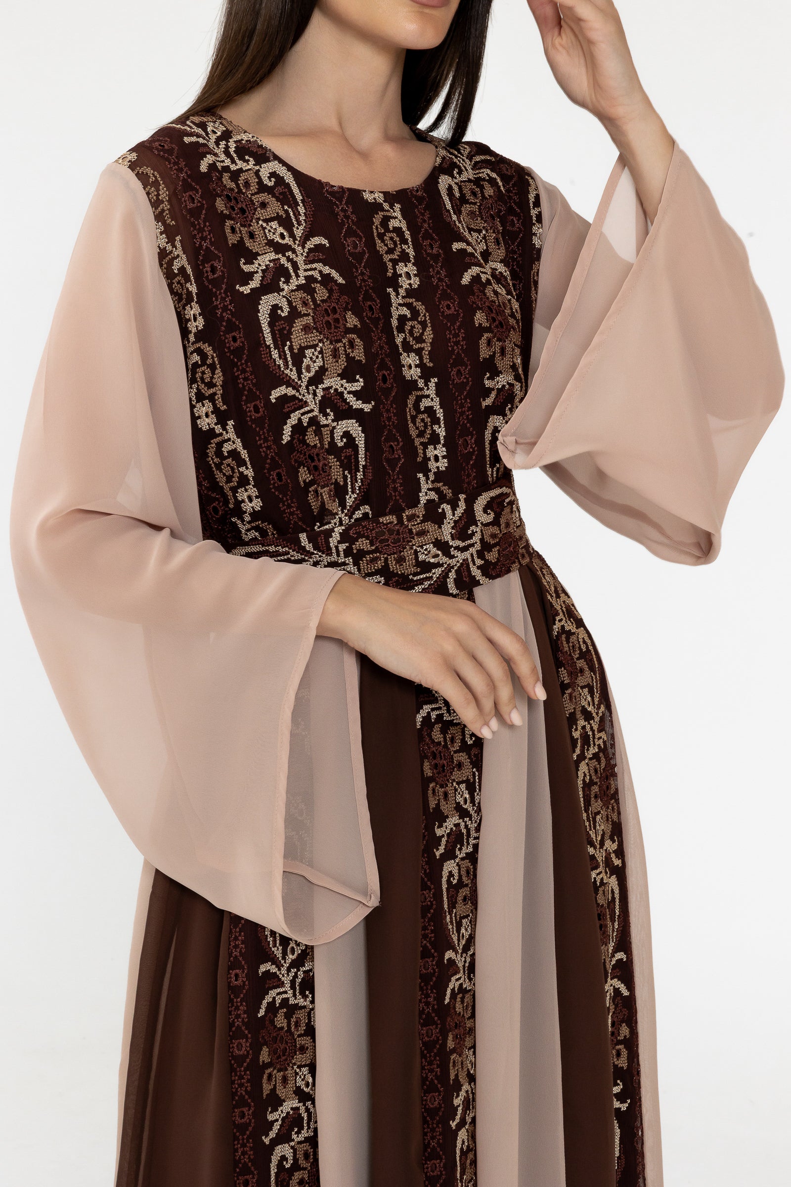Brown Embroidered Dress with Sheer Sleeves