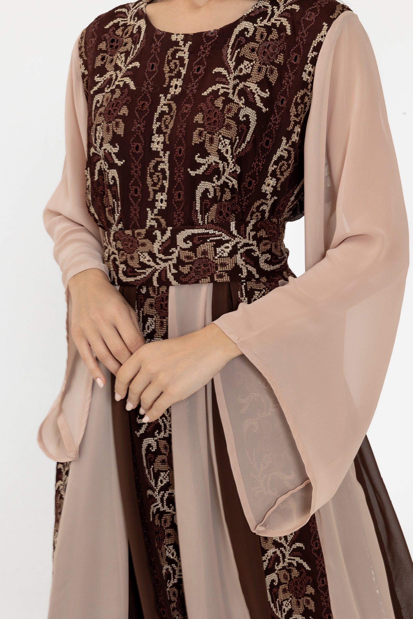Brown Embroidered Dress with Sheer Sleeves